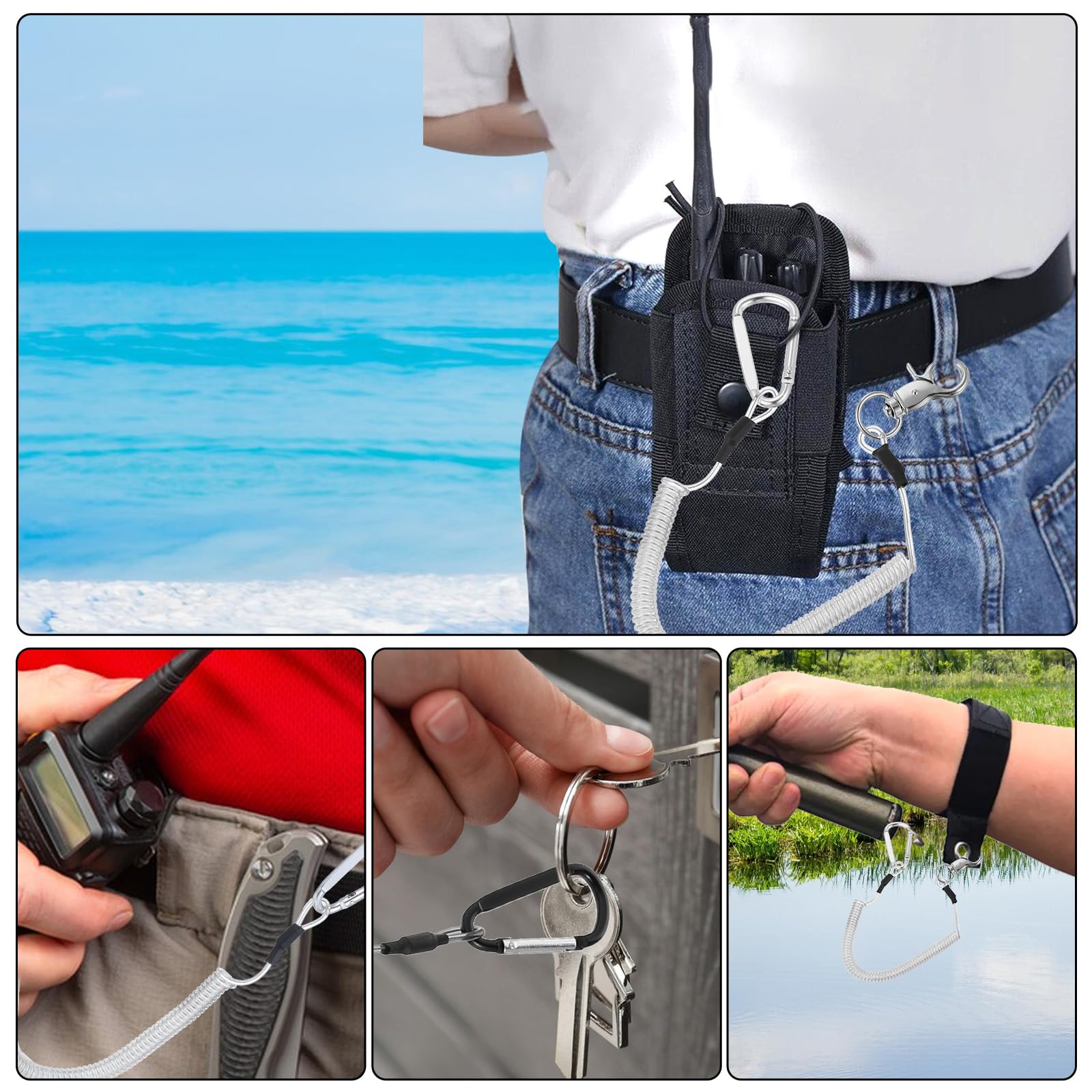 Heavy Duty Fishing Lanyard with Carabiner - 4Pcs Stretchy Coiled Keychain for Fishing Rod & Tools (Black/Transparent) - Perfect for Anglers & Handymen