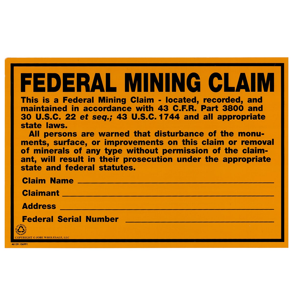 Federal Mining Claim Sign - Protect Your Mining Claims | Durable & Weatherproof for Outdoor Use