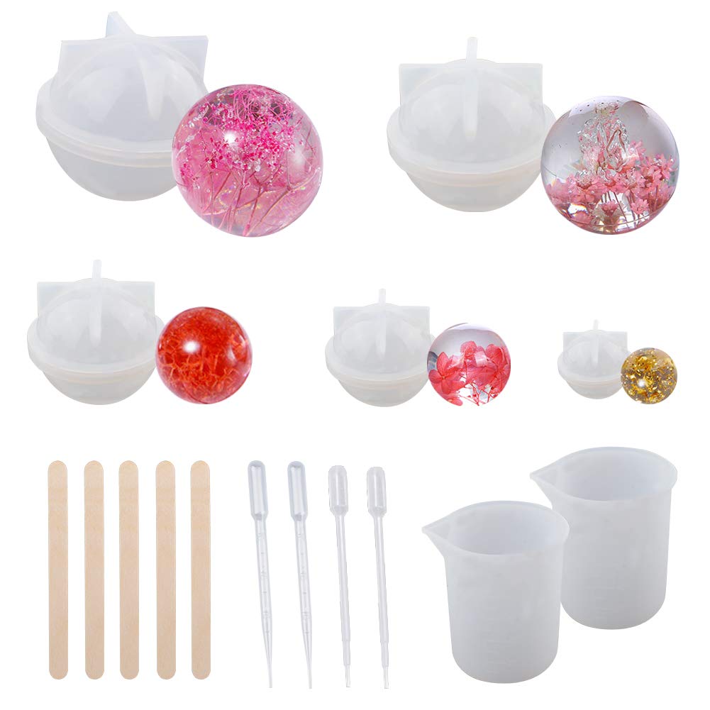WANDIC 9-Piece Round Sphere Silicone Resin Molds Set for Epoxy Jewelry Casting - Includes Measuring Cup & DIY Tools - Perfect for DIY Crafts, Home Decor, and Unique Gift Making