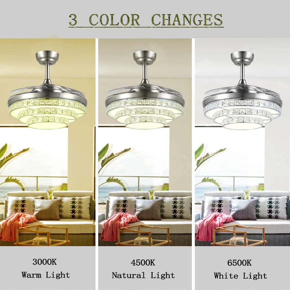 42 Inch Crystal Ceiling Fan with Light and Remote Control - Modern LED Chandelier Fan with Retractable Blades for Dining Room, Living Room, Bedroom - Silver Finish - Energy Efficient & Quiet Operation
