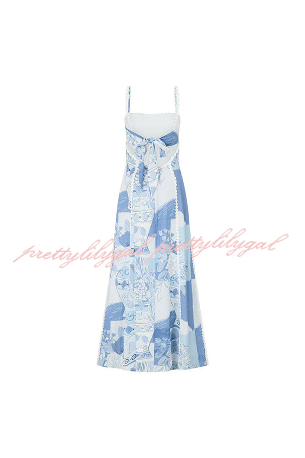 Terrazza Ric Rac Trims Unique Print Back Tie-Up Slip Flared Maxi Dress for Women | Summer Beach Wedding Party Outfit