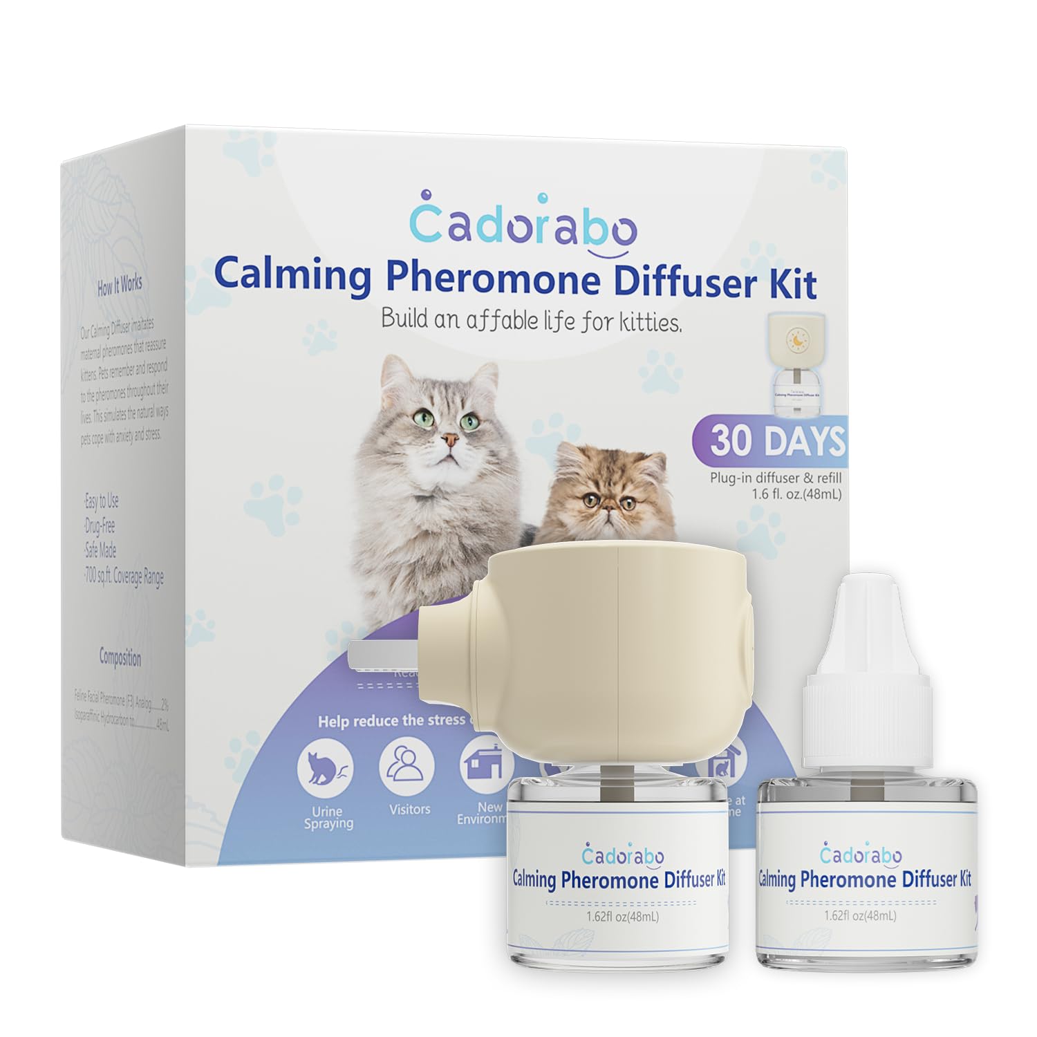 Cat Pheromone Calming Diffuser Starter Kit - 2 in 1 Anxiety Relief for Cats (Diffuser + 48mL Refill) | Reduce Stress & Calm Nervous Cats | Perfect for Multi-Cat Homes, Vet Visits & Travel