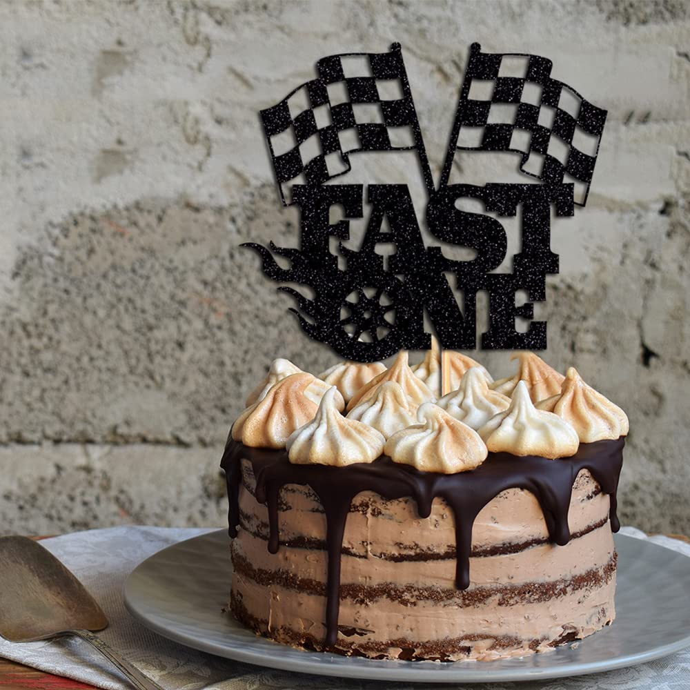 Fast One Cake Topper - 1st Birthday Race Car Theme Decor for Boys & Girls - Chequered Flag Photo Booth Props & Backdrop Supplies - Perfect for Birthday Parties, Baby Showers & Themed Celebrations
