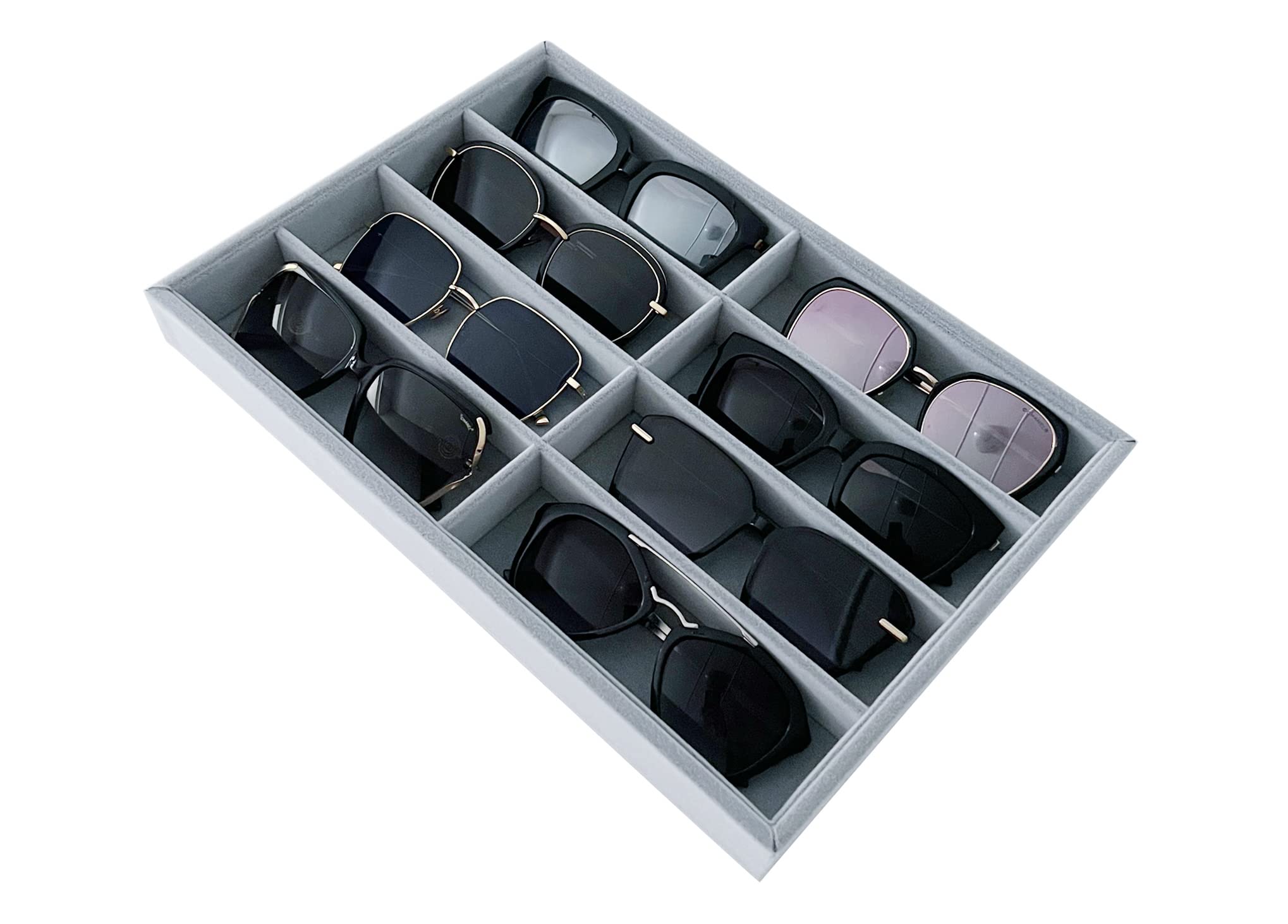 Premium Velvet Grey Jewelry Tray - Stackable Eyewear Organizer & Drawer Insert Divider for Sunglasses, Watches, Rings - Perfect for Bedroom Vanity, Travel Case & Gift Box Organization