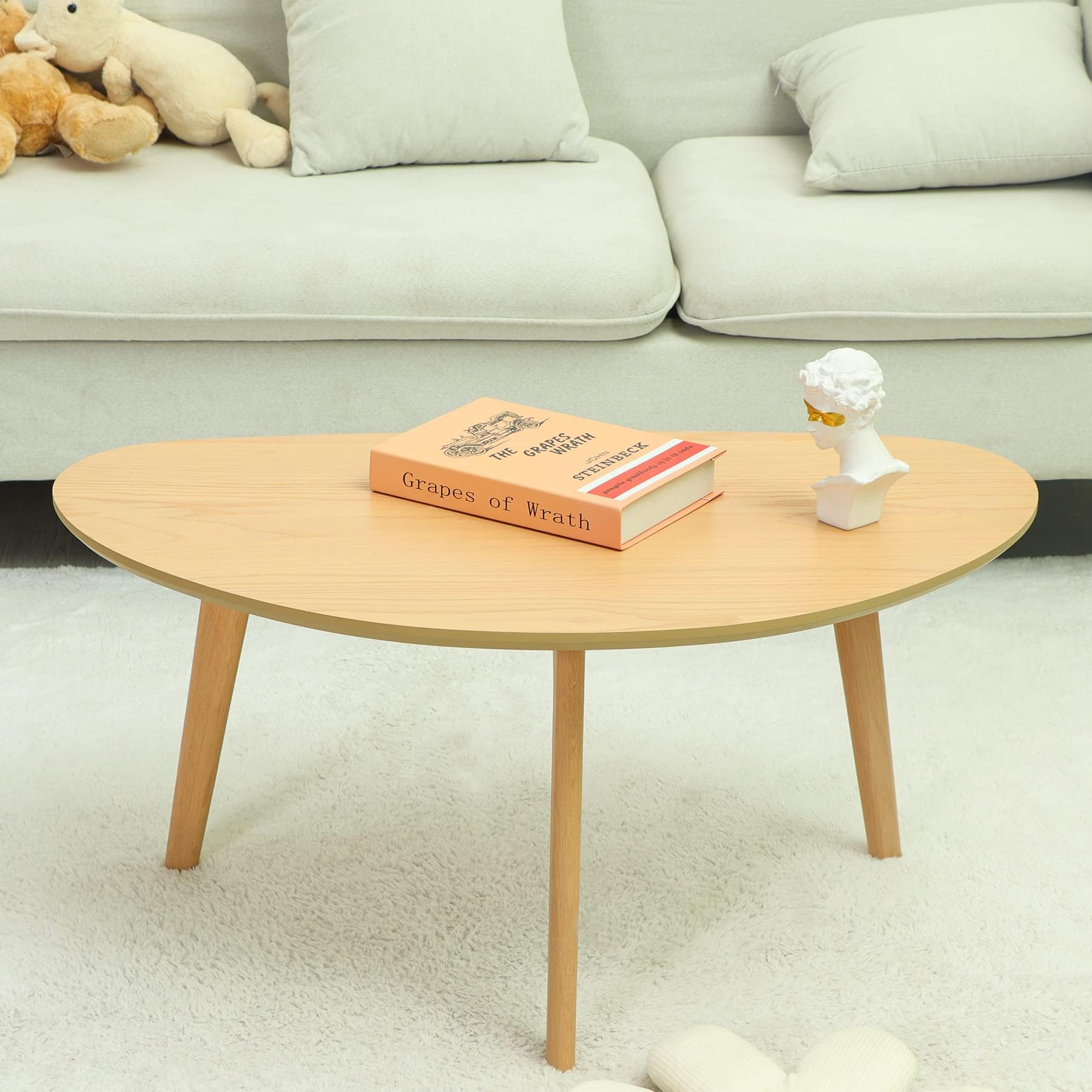 Mid Century Modern Oval Coffee Table - Minimalist Nature Wood for Living Room - 18.9