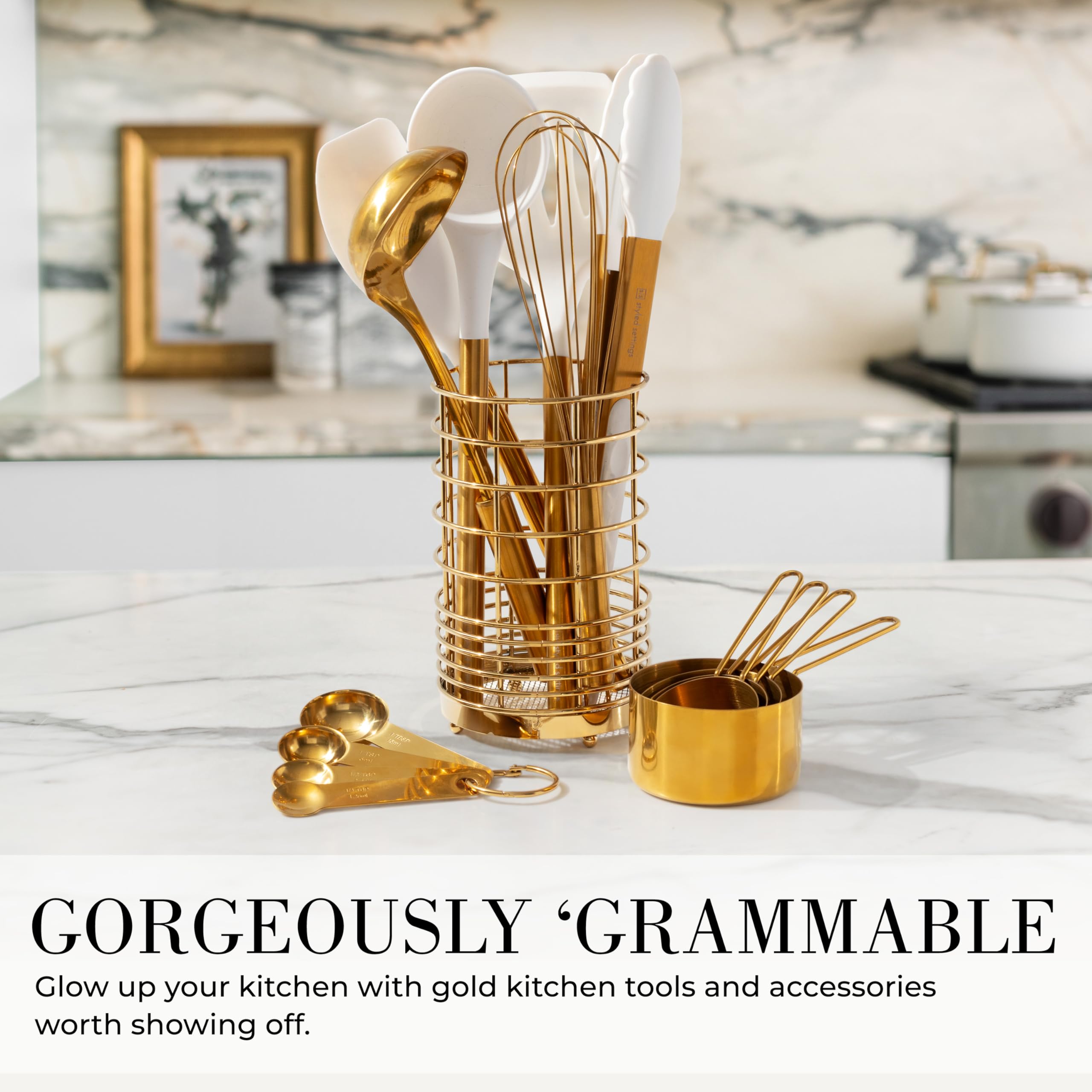 Premium 15-Piece White & Gold Silicone Cooking Utensil Set with Holder - Includes Measuring Cups & Spoons - Elegant Kitchen Tools for Baking, Cooking & Serving - Perfect Wedding & Housewarming Gift for Home Chefs
