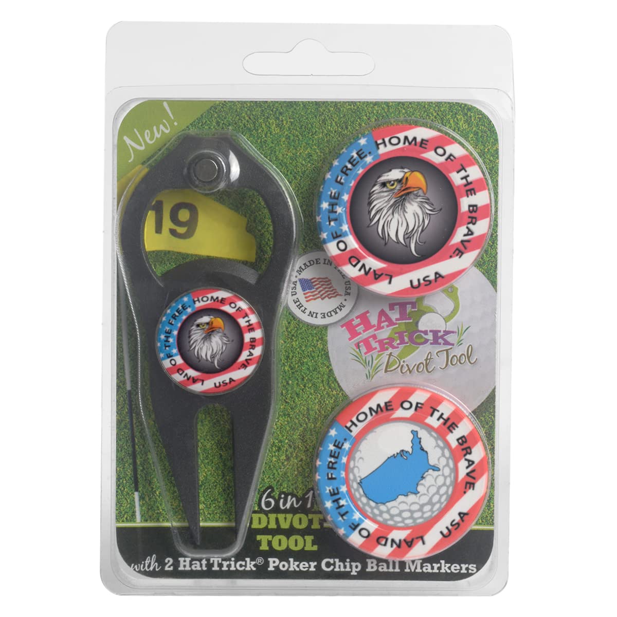 LinksWalker Hat Trick Divot Tool with American Flag Design - 2 Pack Ceramic Poker Chip Golf Ball Markers | Made in USA | Perfect Golf Accessories for Men & Women | Great Gift for Golf Lovers | Ideal for Golf Tournaments & Practice Rounds