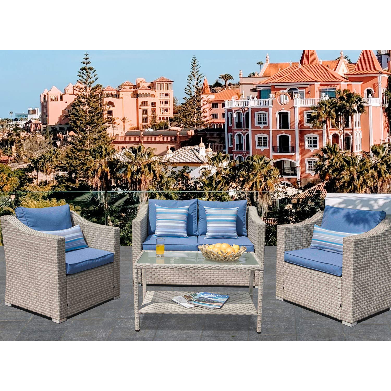 HOMPUS 4-Piece All-Weather Rattan Patio Furniture Set - Handwoven Wicker Conversation Sofa with Light Blue Cushions, 4 Coral Red Water Ripple Pillows & Glass Coffee Table - Perfect for Garden, Poolside, Backyard & Outdoor Lounge Areas