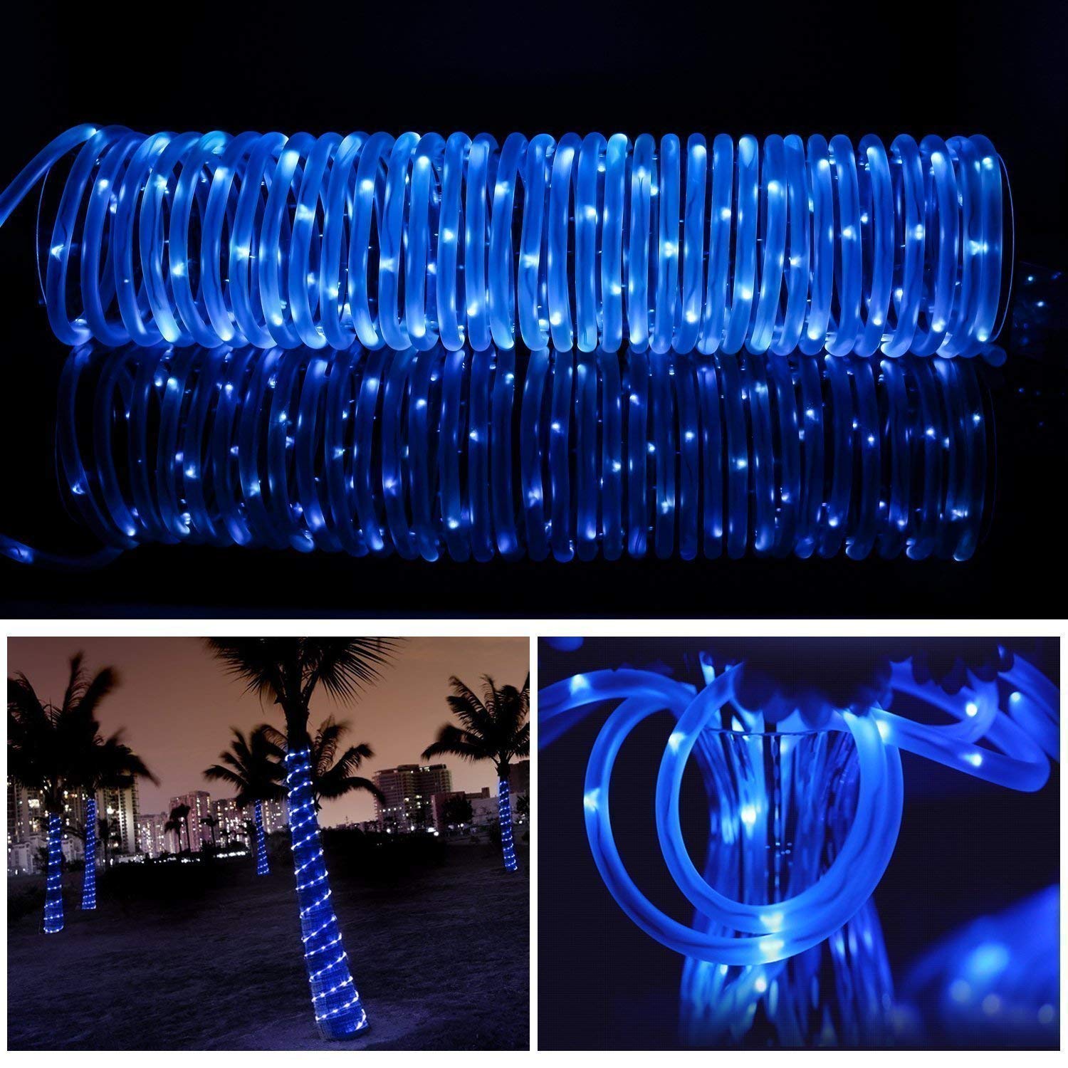 AMZSTAR 100 LED Solar Rope Lights 39ft/12M Waterproof Outdoor String Lights - Copper Wire Fairy Lights for Garden, Yard, Pathway, Fence, Tree & Wedding Party Decoration (Blue) | Energy-Efficient Solar Powered Lighting for Patio, Landscape & Evening Ambiance