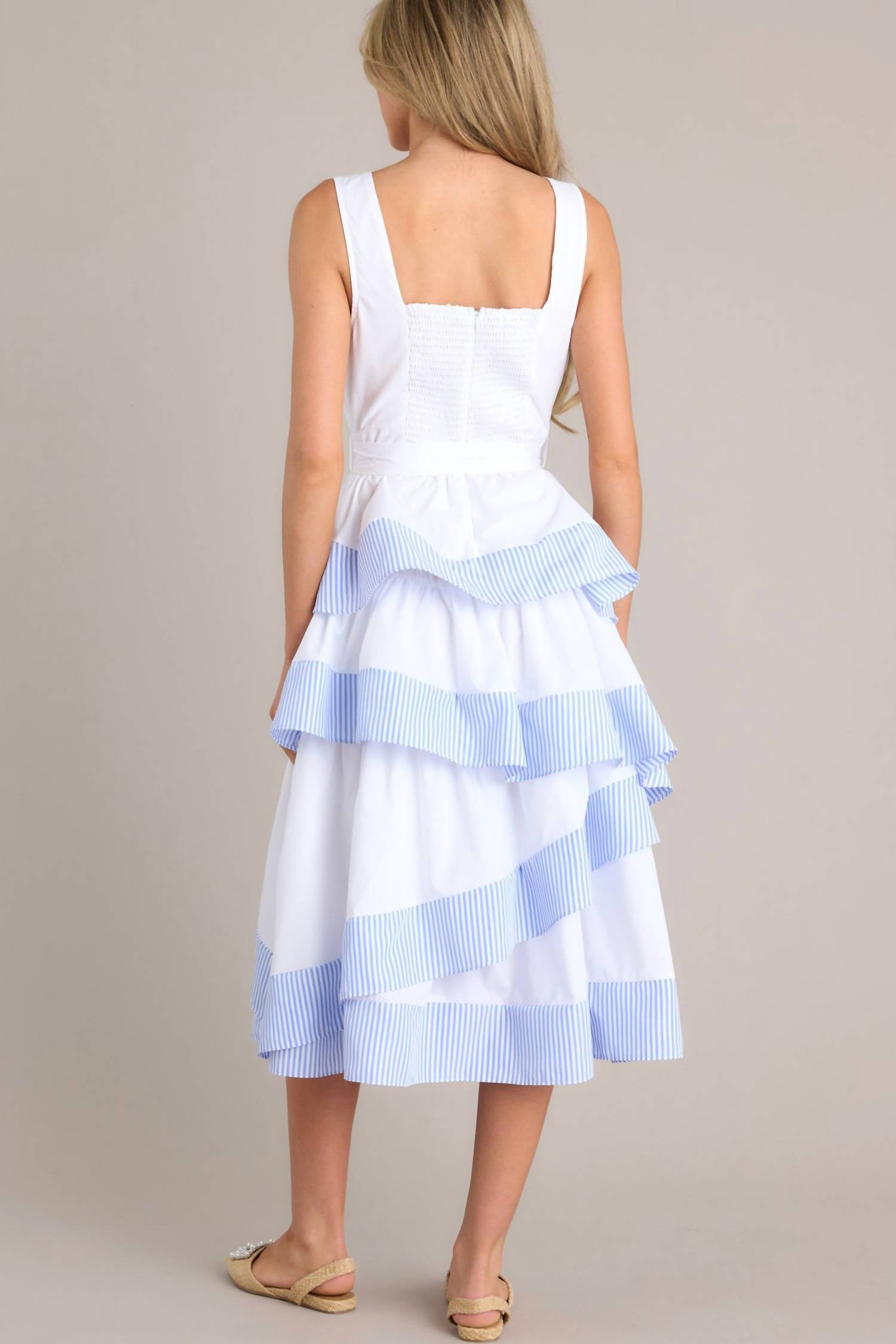 Derby Days Stripe Ruffle Midi Dress - White & Blue Floral Summer Dress for Women | Perfect for Garden Parties, Brunch Dates & Summer Weddings