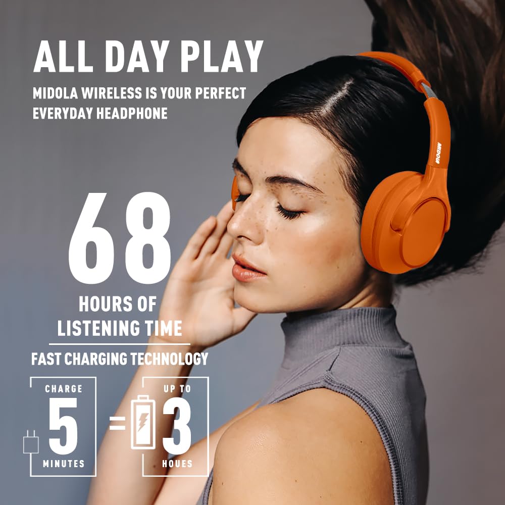MIDOLA Bluetooth Over Ear Headphones 68H Playtime, 6 EQ Wireless Headset with Mic, HiFi Stereo, Foldable Lightweight Deep Bass - Perfect for Travel, Home Office, Gaming & Cellphone Use (Orange)