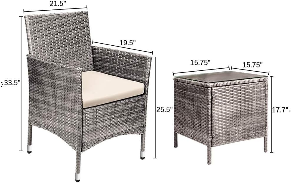 Devoko 3-Piece PE Rattan Patio Furniture Set with Table - Light Grey Wicker Chairs for Outdoor, Garden, Porch - Perfect for Backyard Relaxation & Entertaining Guests