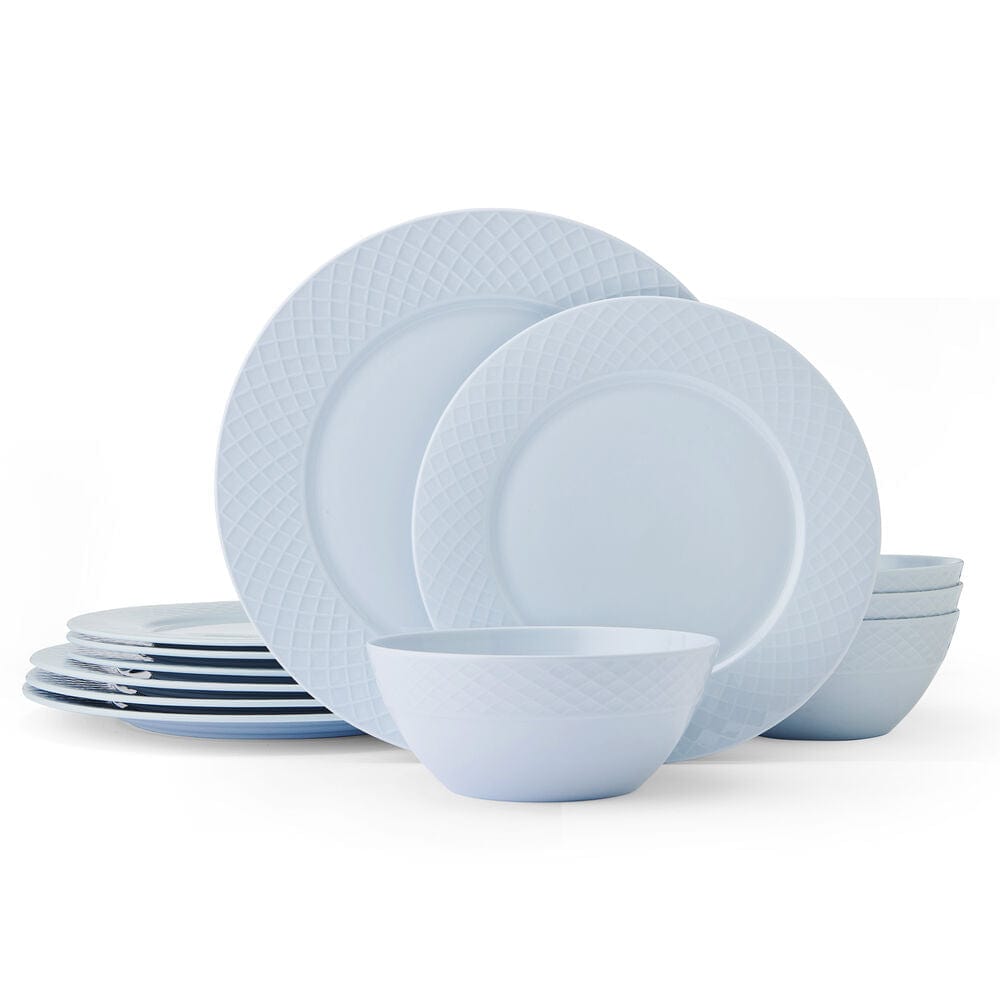 Trellis Misty Blue 12-Piece Dinnerware Set - Service for 4 - Elegant Porcelain Plates, Bowls & Mugs - Perfect for Family Dinners, Dinner Parties & Holiday Entertaining