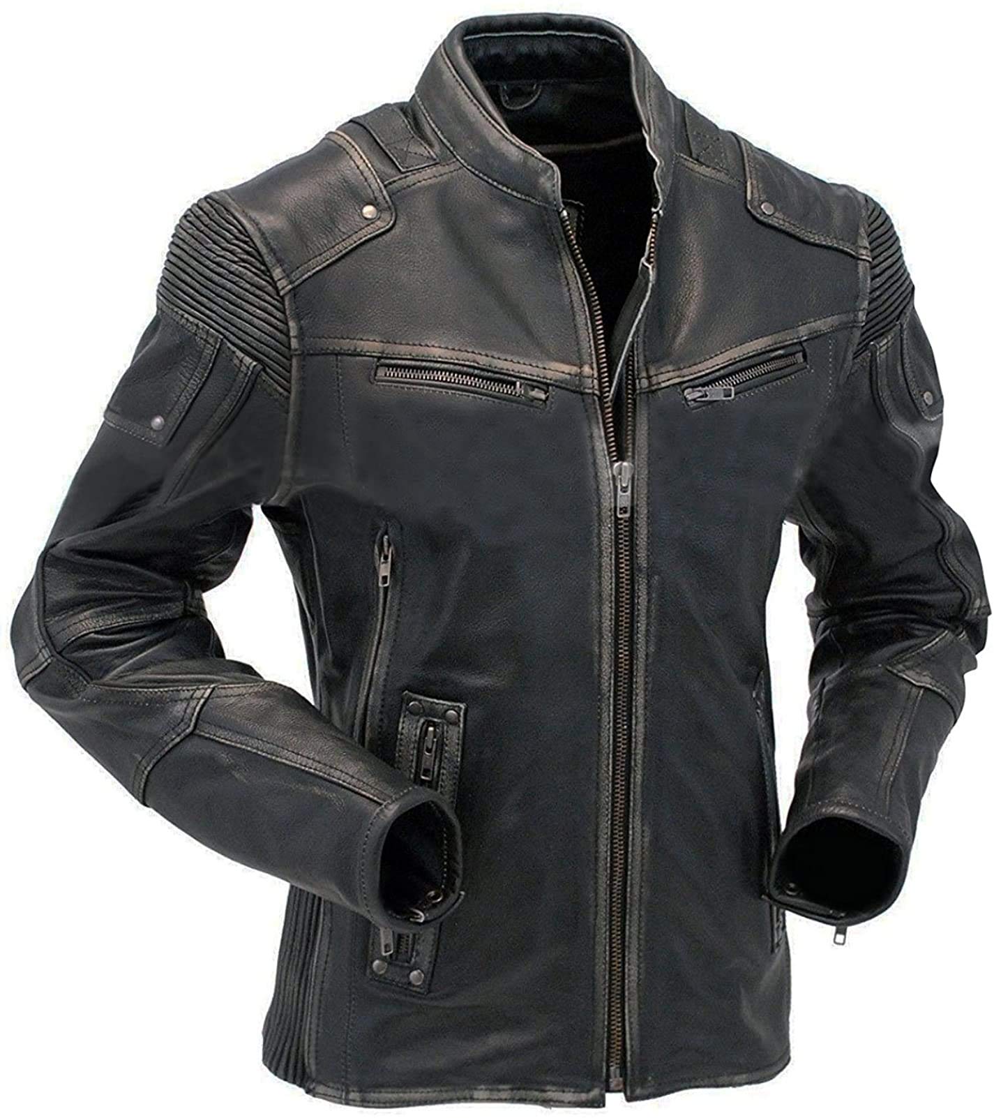 Men's Black Leather Jacket - Genuine Lambskin Cafe Racer Motorcycle Jacket with Distressed Look | Perfect for Bikers, Casual Wear & Night Out