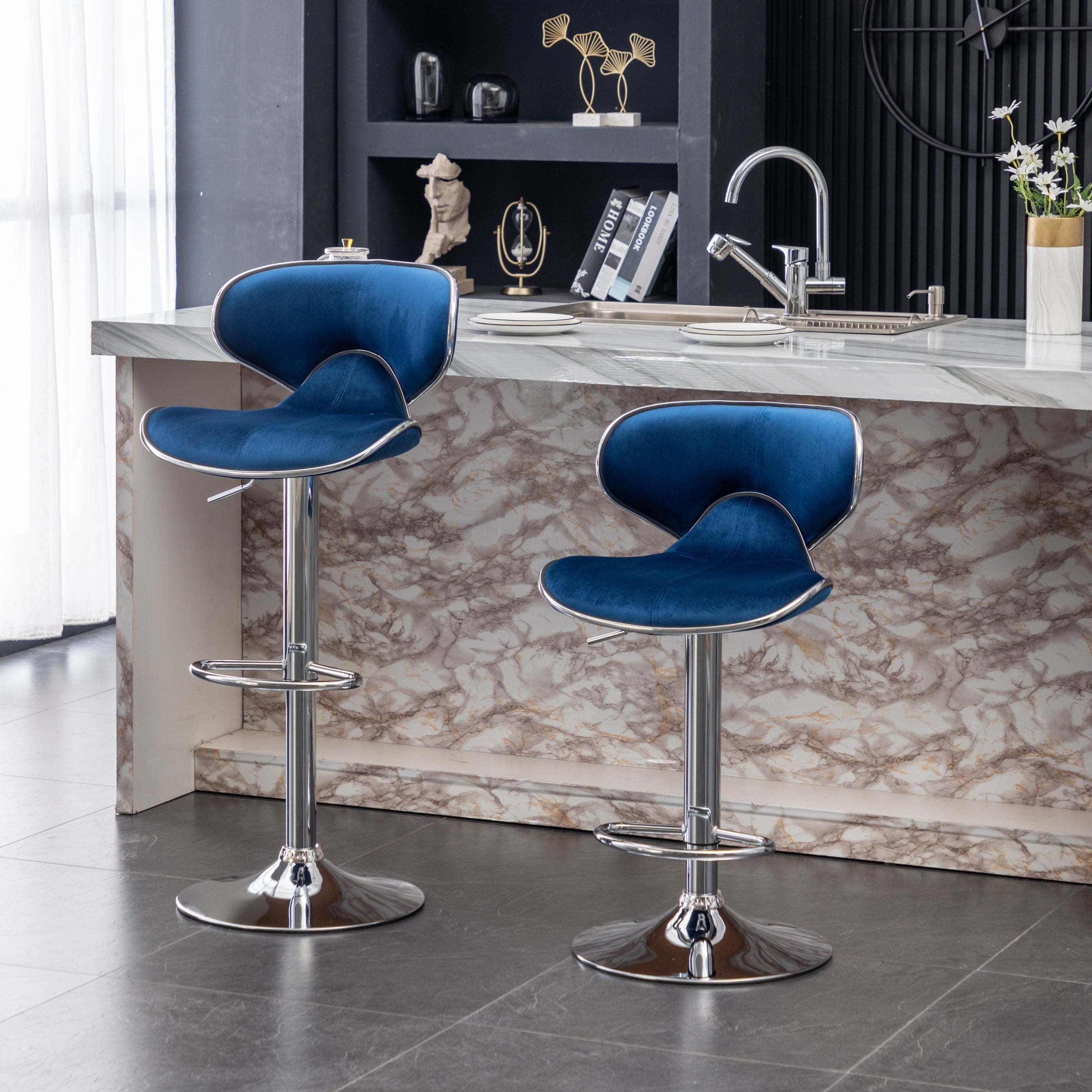 Roundhill Furniture Masaccio Velvet Upholstered Adjustable Swivel Bar Stool - Set of 2 Blue Counter Height Stools for Kitchen Island, Bar, or Breakfast Nook