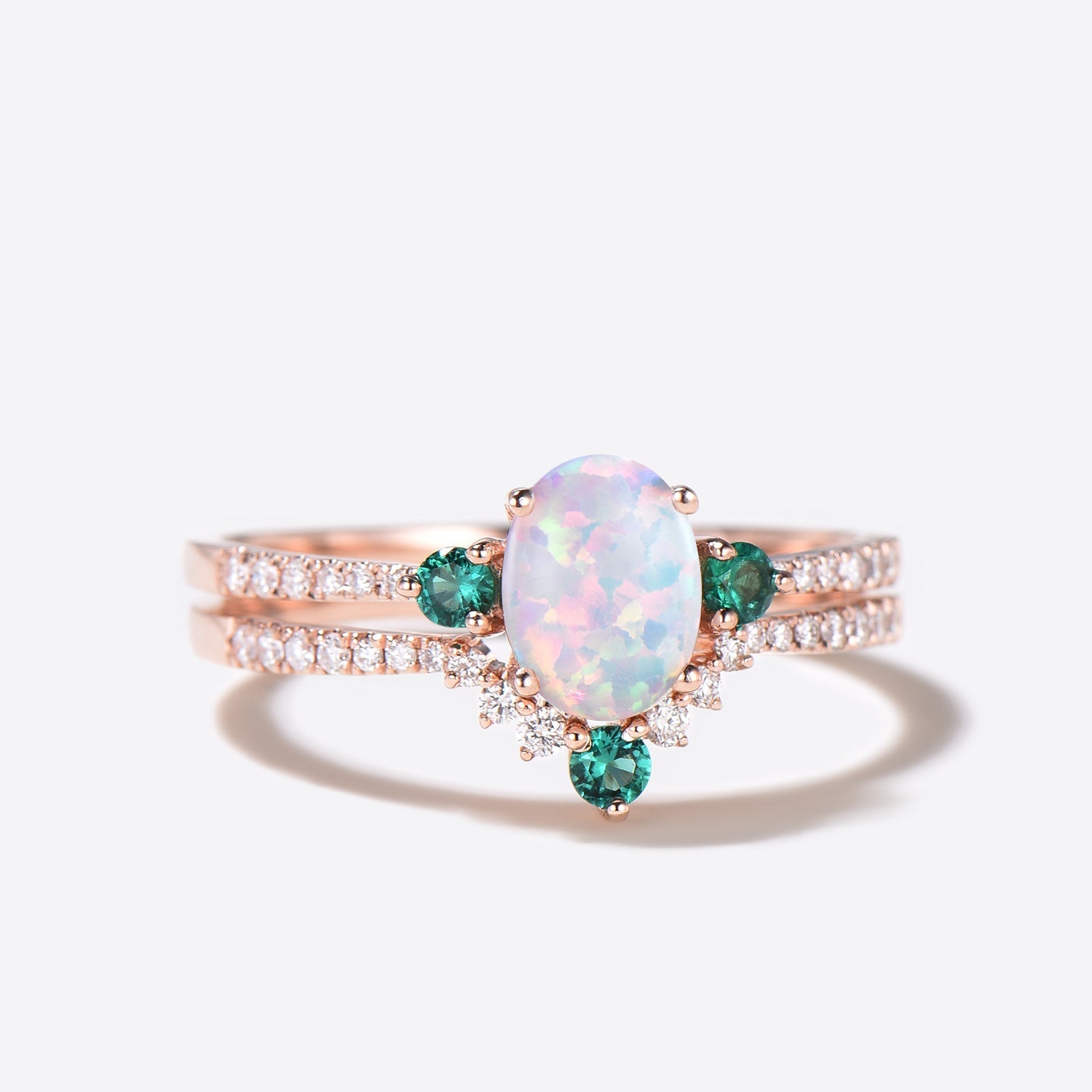 Antique Diamond & Emerald Engagement Ring Set with Lab Opal Bridal Wedding Band - Vintage Style for Bridal Jewelry, Wedding Proposal & Anniversary Gifts