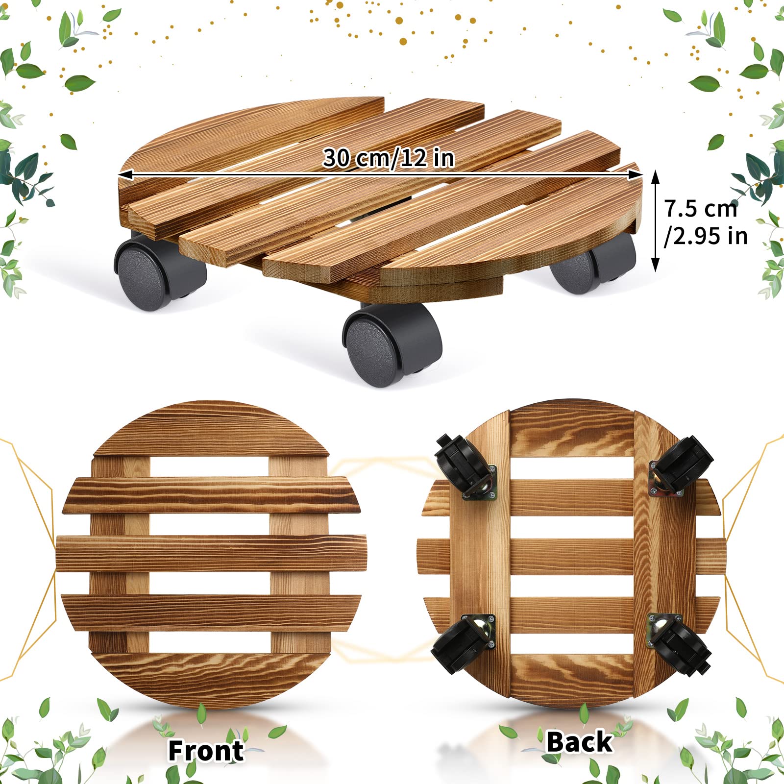4-Piece Heavy Duty Wooden Plant Caddy with Wheels - Lockable Rolling Plant Stand for Indoor, Outdoor, Patio Use - 12 Inch Round Plant Dolly for Large Potted Plants - Perfect for Moving Heavy Planters in Gardens, Balconies & Greenhouses