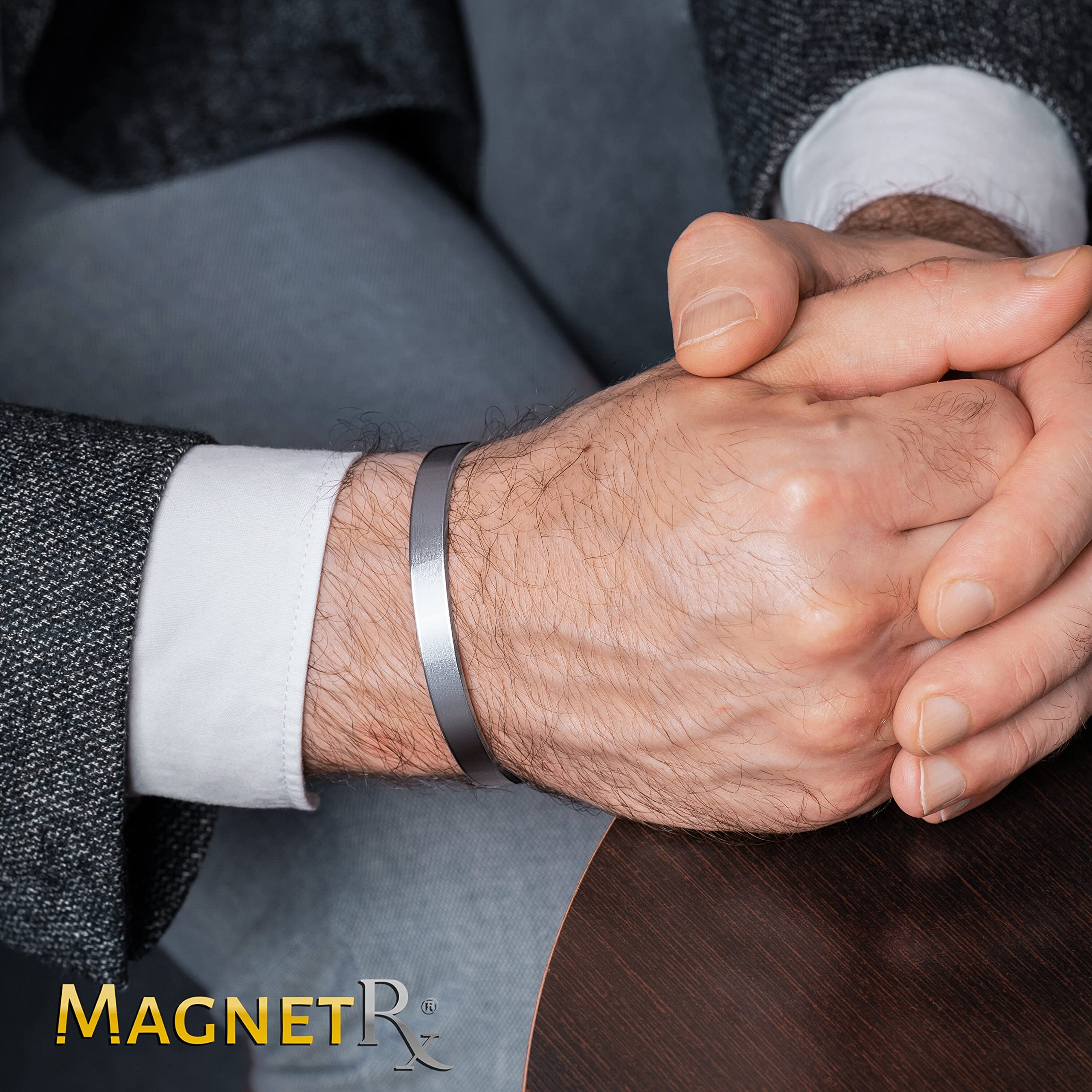 MagnetRX® Magnetic Bracelets for Men - Pain Relief for Golf & Tennis Elbow, Improved Balance - Elegant Stainless Steel Bangle Cuff (Brushed Silver, Small) - Perfect for Sports, Work & Daily Wear
