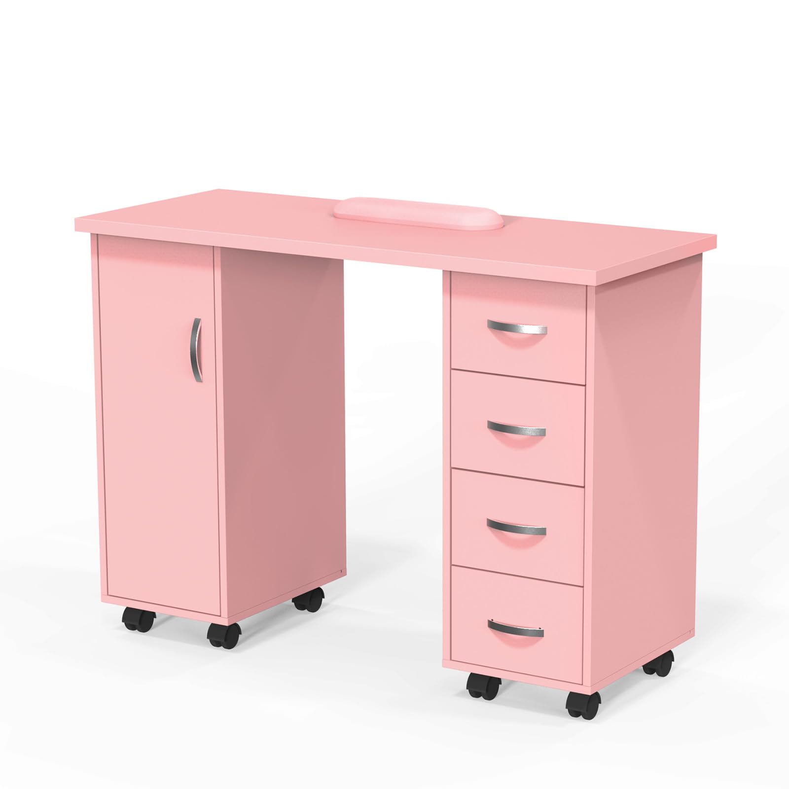 Professional Wooden Manicure Table with Storage Cabinet, 4 Drawers & Wheels - Adjustable Arm Rest Nail Technician Workstation for Salon & Home Use - 43.3
