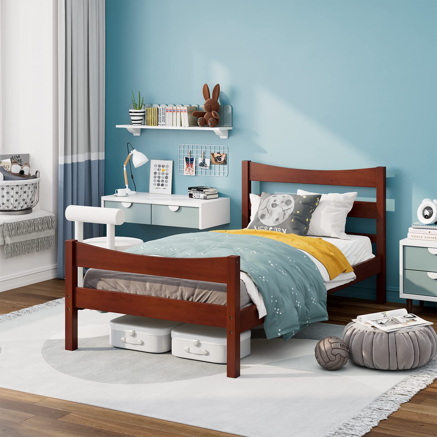 NAFORT Twin Size Wood Bed Frame with Headboard & Footboard - Solid Pine Platform Bed for Kids, No Box Spring Needed - Walnut Finish | Perfect for Boys & Girls Bedrooms, Dorm Rooms & Guest Rooms