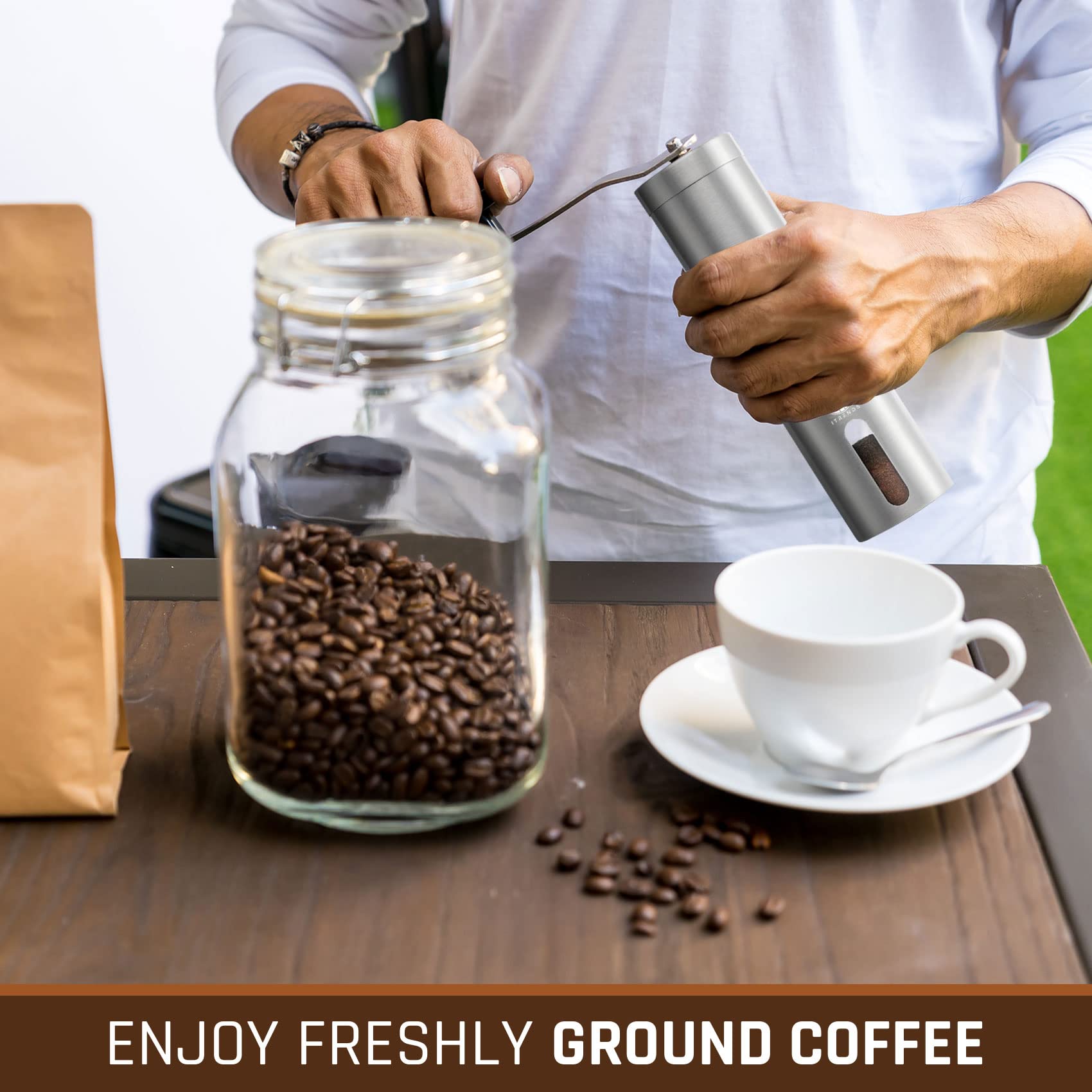 iTrends Stainless Steel Manual Coffee Grinder - Adjustable Burr Mill for Espresso, French Press & Cold Brew | Portable Hand Crank Coffee Bean Grinder with Ceramic Conical Burrs | Perfect Gift for Coffee Lovers | Home, Office & Camping Use