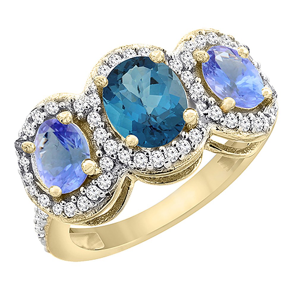 10K Yellow Gold Natural London Blue Topaz & Tanzanite 3-Stone Ring with Oval Diamond Accent - Sizes 5-10 | Elegant Birthstone Jewelry for Women, Perfect for Anniversary, Engagement & Special Occasion Gifts