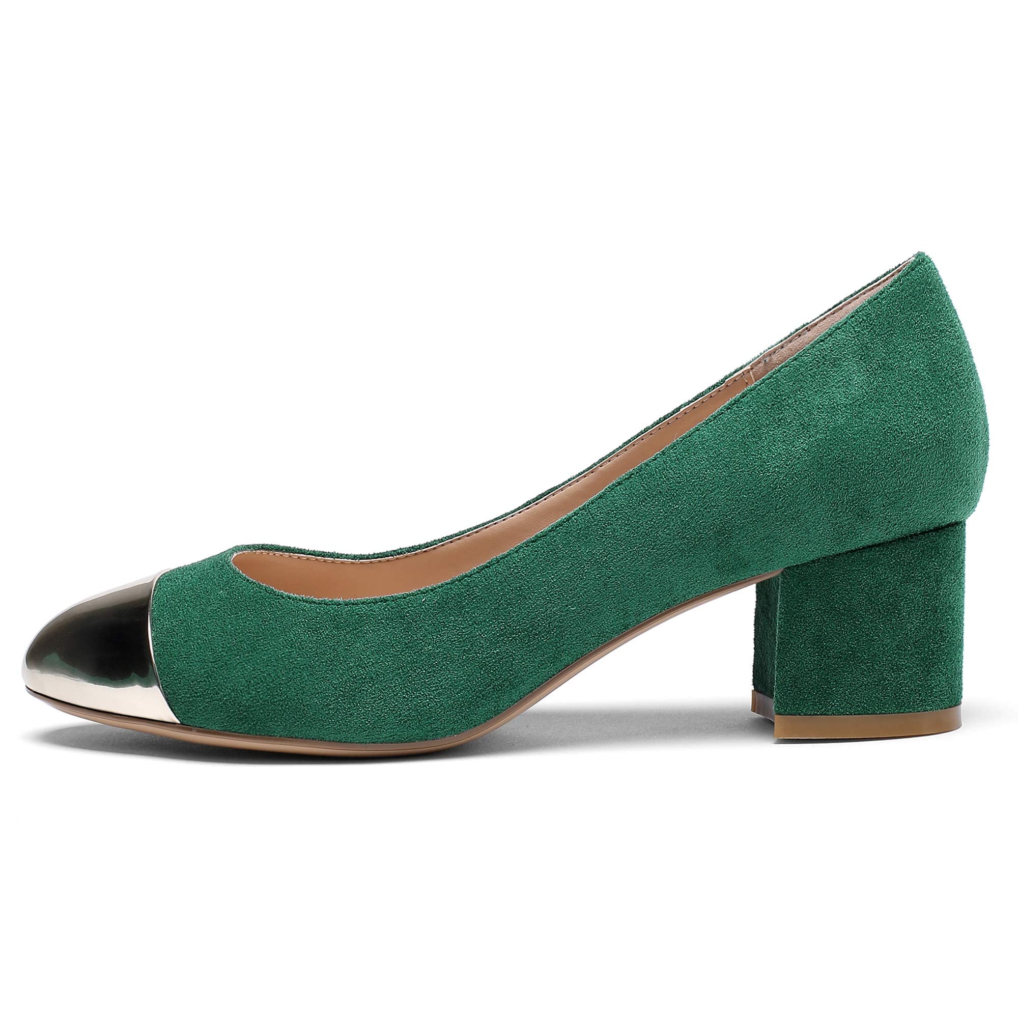 YODEKS Women's Low Block Heel Slip-On Pumps - Round Toe Chunky Heel Dress Shoes for Business, Wedding & Office Wear - Silver-Green Suede US 7.5 | Comfortable Work Shoes for Professional Women & Special Occasions