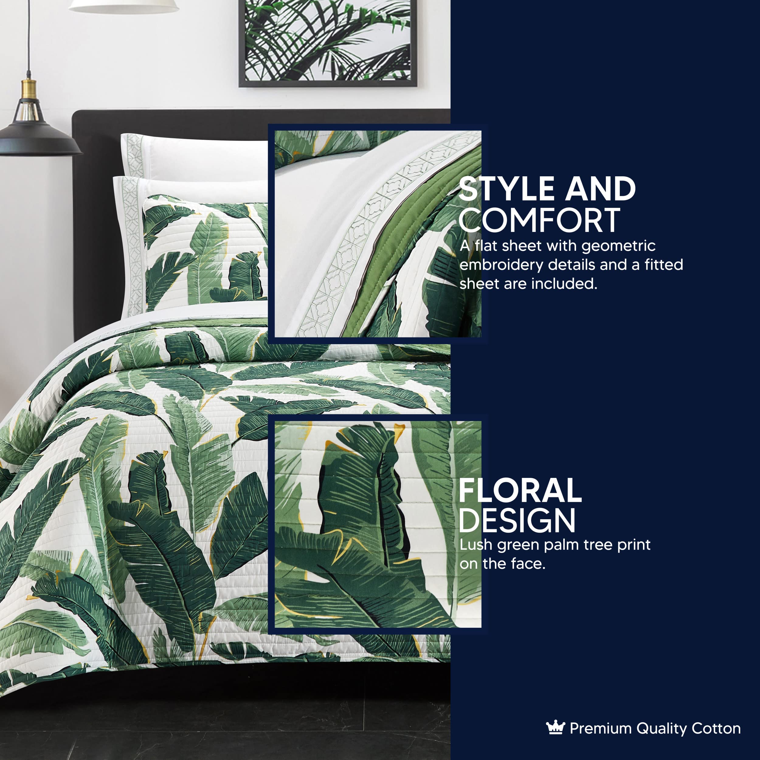 Stylish Palm Springs 9-Piece Quilt Set with Palm Tree Print - Includes Sheet Set & Decorative Pillow Shams, Queen Size, Green | Perfect for Beach-Themed Bedrooms & Vacation Home Decor