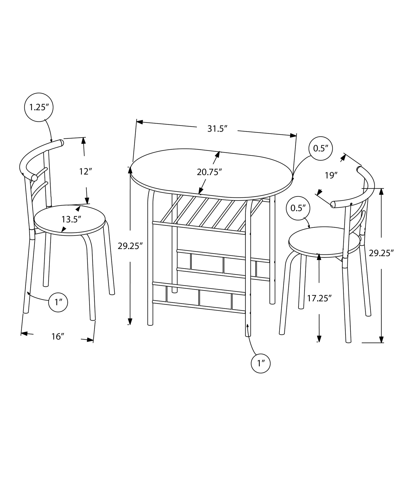 Monarch Specialties 1209 Modern 3-Piece Dining Table Set - 32