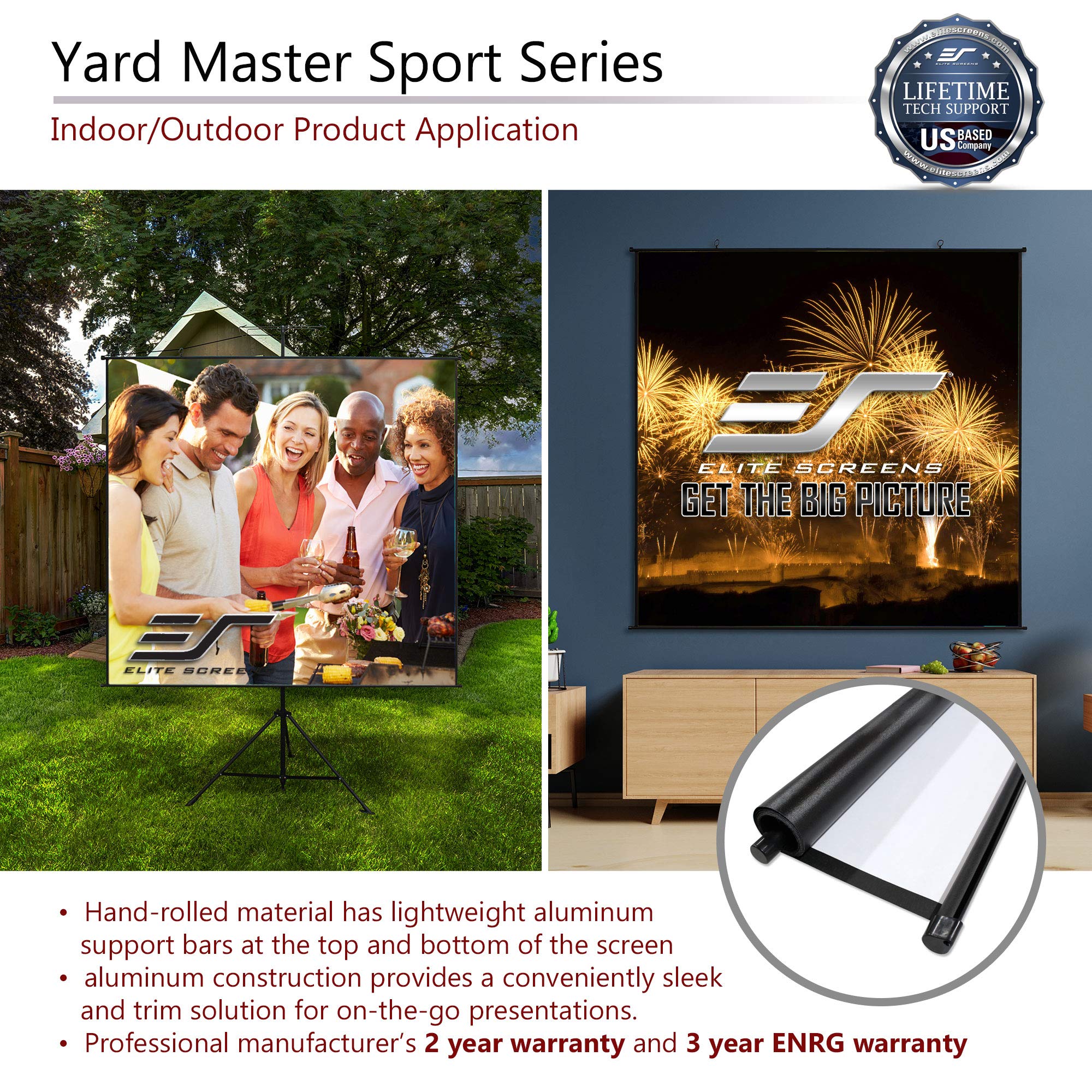 Elite Screens Yard Master Sport 110-Inch 4:3 Projector Screen with 2-in-1 Wall/Tripod Stand - Indoor & Outdoor Portable ISF Certified Front Projection Screen with Carrying Bag - Perfect for Home Theater, Backyard Movies, and Outdoor Events - YMS110V