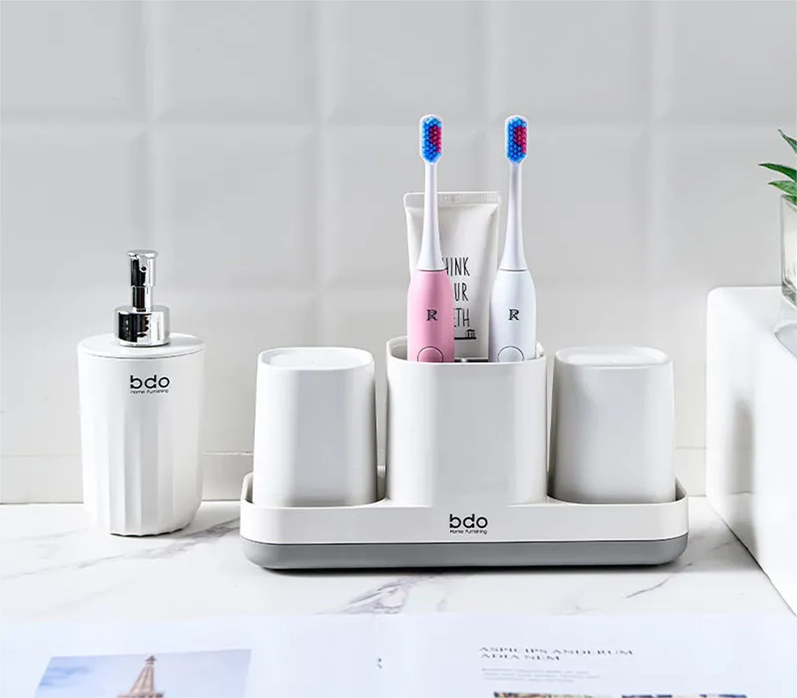 White Toothbrush Holder & Toothpaste Dispenser Set - 2 Bathroom Cups & Electric Toothbrush Stand for Vanity Countertop Organization | Kids Bathroom Decor Accessories | Perfect for Family Bathrooms & Guest Suites