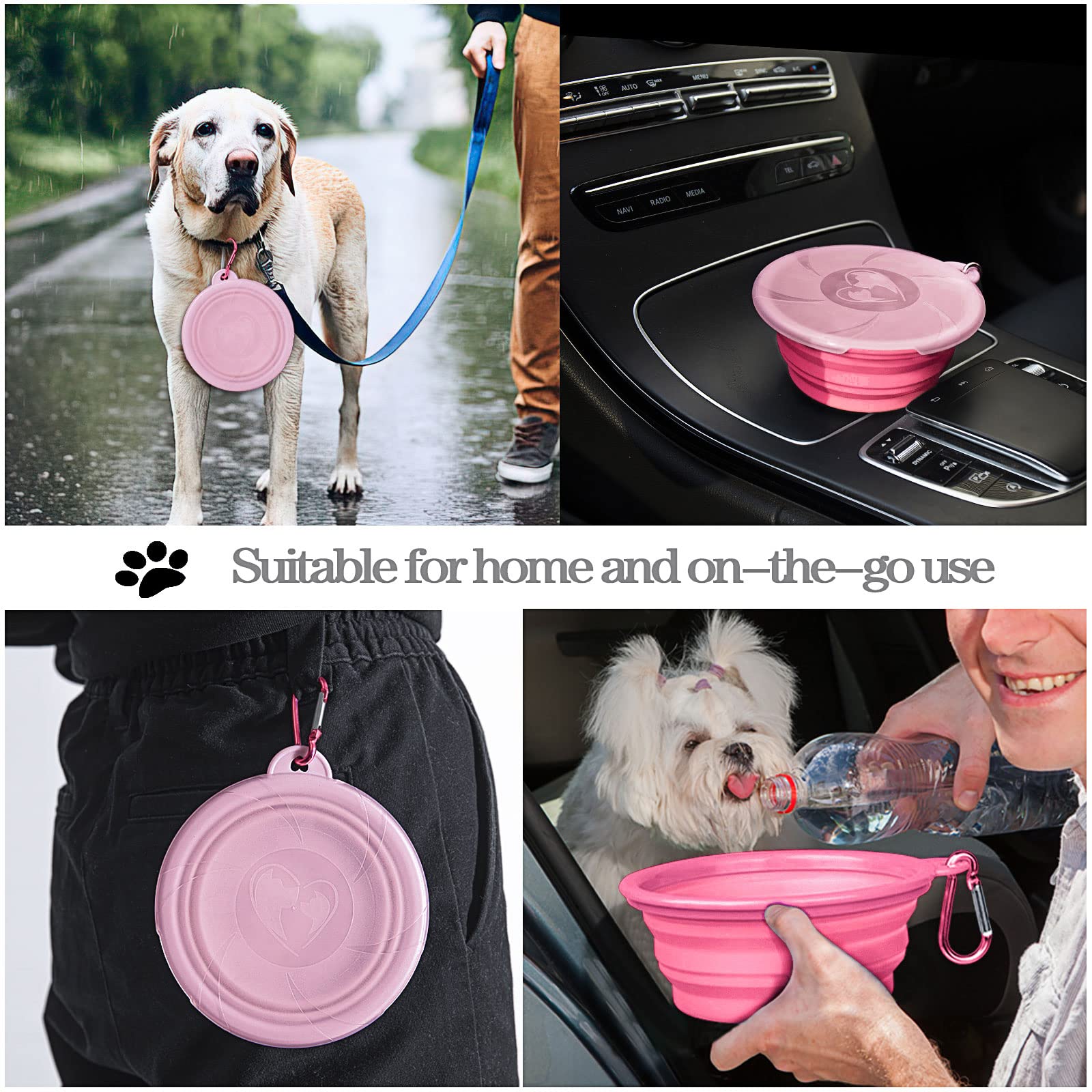 Collapsible Dog Bowl for Travel - Portable Silicone Pet Food & Water Dish with Lid & Carabiner for Dogs & Cats, 15oz/450ml Foldable Doggy Bowl - Perfect for Hiking, Camping, Outdoor Adventures (Pink)