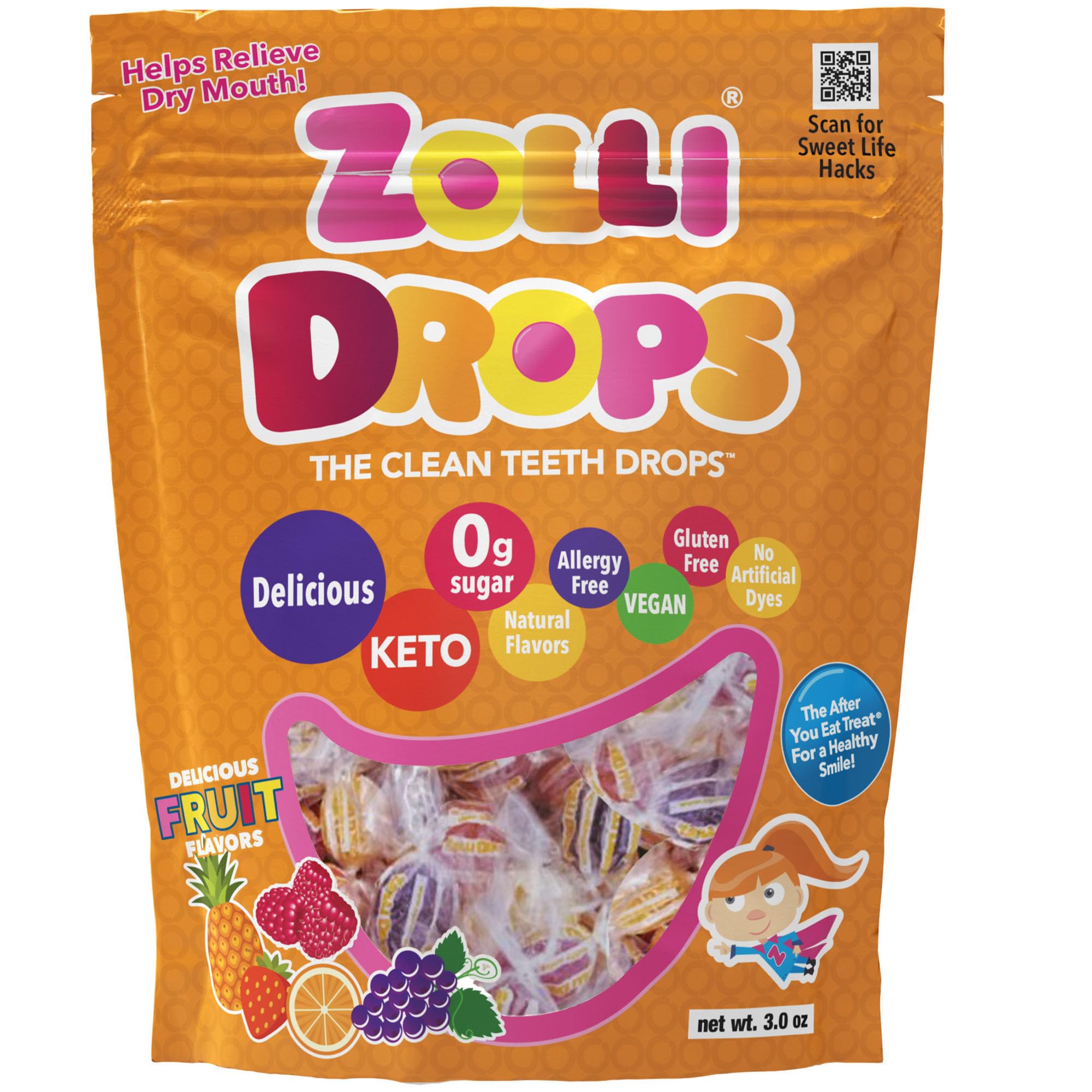 Zolli Drops Fruit Vegan Candy 3oz - Sugar-Free Xylitol Dental Friendly Snacks, Assorted Natural Fruit Flavors for Kids & Adults - Perfect for Office, Travel and Healthy Lifestyle