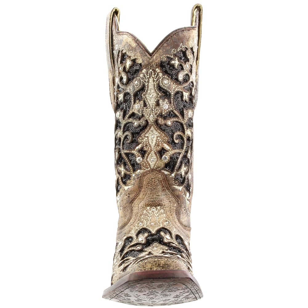 Women's Corral Boots - Sequined Tooled-Inlay Square Toe Dress Boots, Mid Calf with 1-2