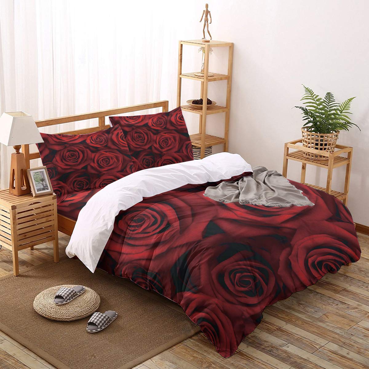 Aomike 4-Piece Twin Duvet Cover Set - 3D Rose Flower Pattern, Breathable All-Season Bedding (Duvet Cover + Flat Sheet + 2 Pillowcases) | Perfect for Teen Rooms, Guest Bedrooms & Cozy Home Decor in Red
