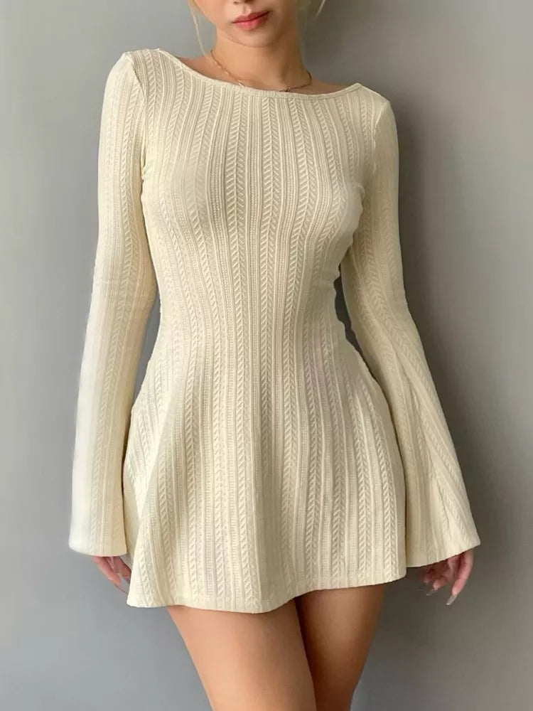 Elegant Backless Long Sleeve Mini Dress for Women - Korean Fashion Solid Bodycon Dress for Autumn - Perfect for Date Night, Party & Office Wear