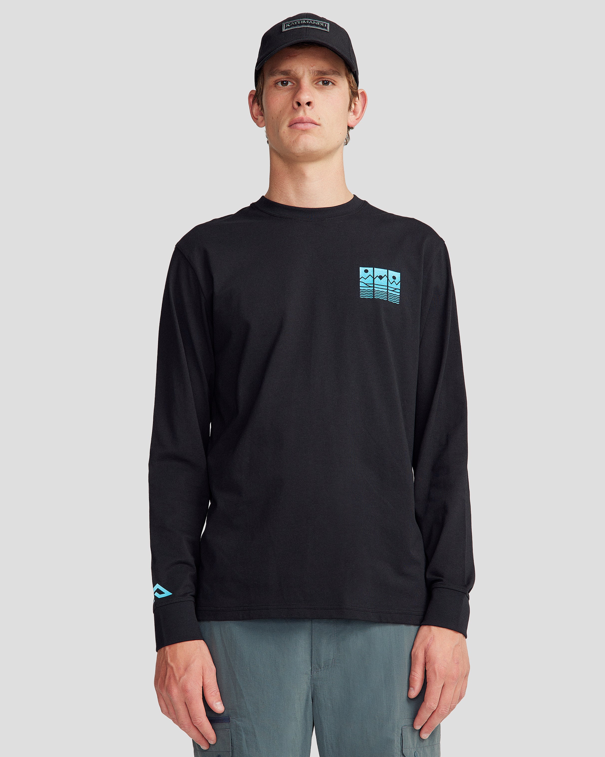 Men's Mountain Triptych Organic Cotton Long Sleeve T-Shirt - Black Stingray - Hiking, Camping & Outdoor Adventure Apparel