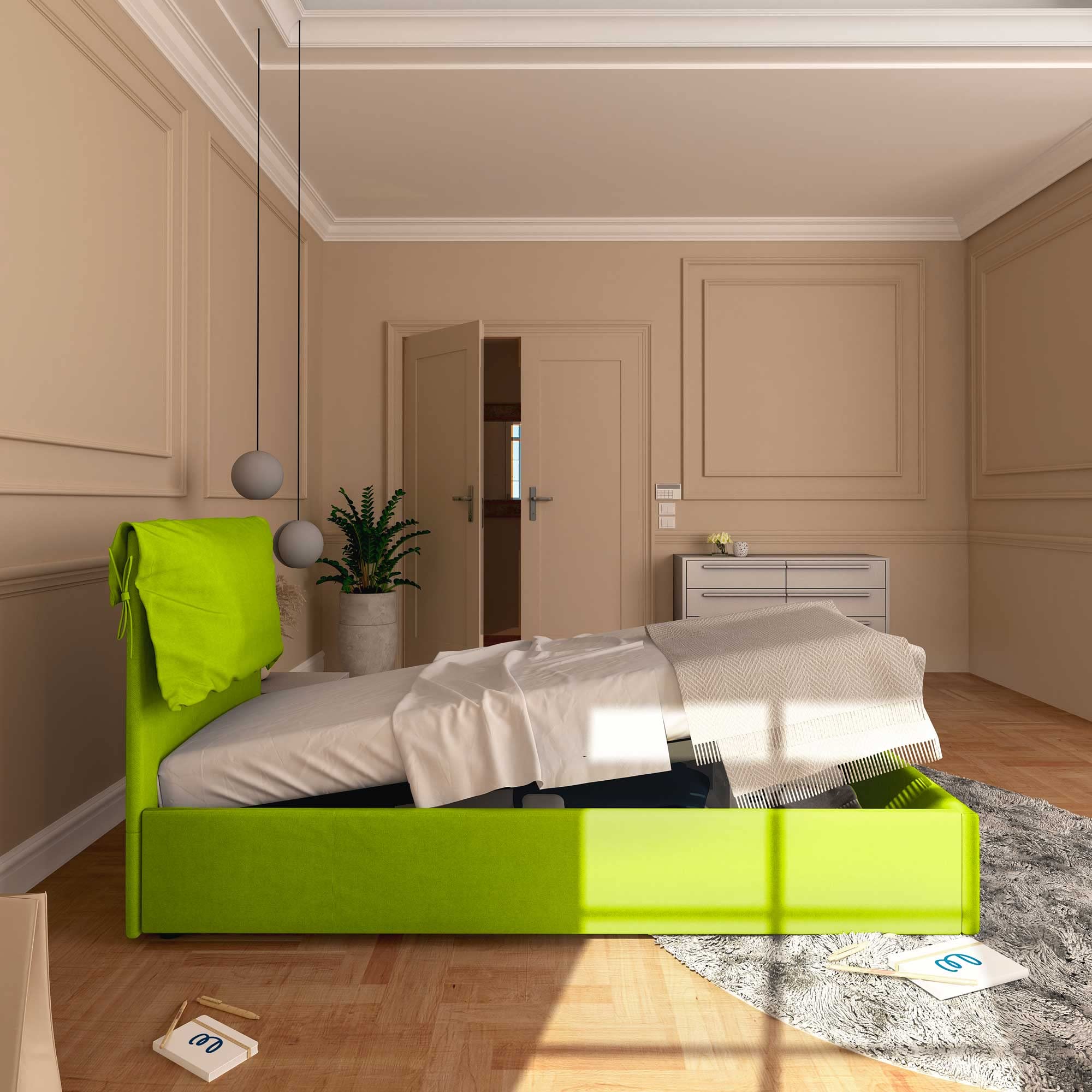 Baldiflex Single Bed with Storage - Licia Soft Synthetic Leather Upholstery, Slatted Base for Single Mattress, 80 x 200 cm, Padded Headboard, Apple Green - Perfect for Small Bedrooms, Guest Rooms & Studio Apartments