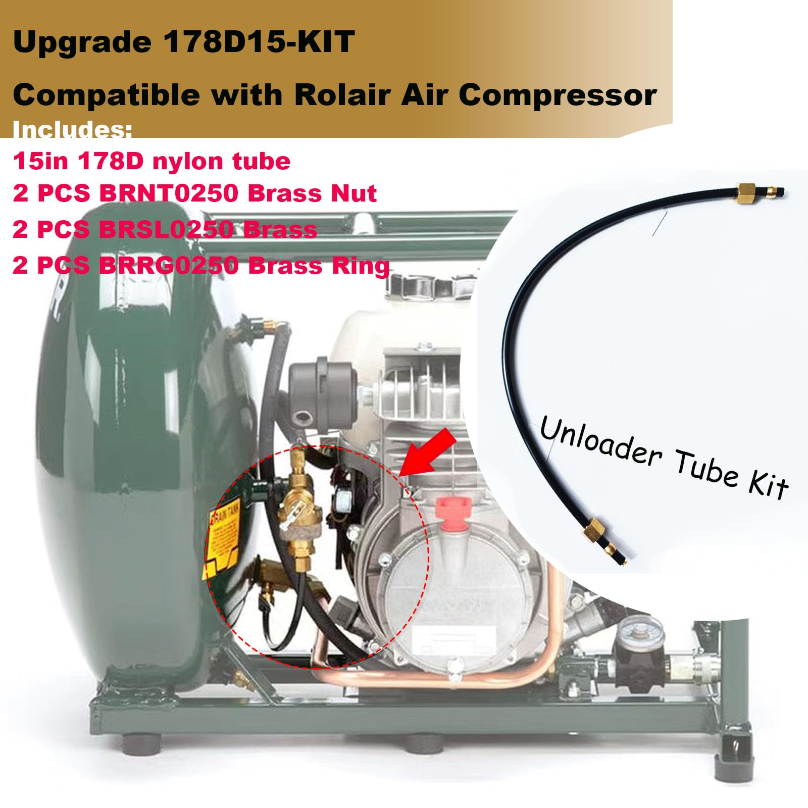 Rolair Air Compressor Unloader Tube Kit 178D15-KIT - Replacement Part for Air Compressor Repair & Maintenance - Perfect for Workshop, Garage, and Industrial Use