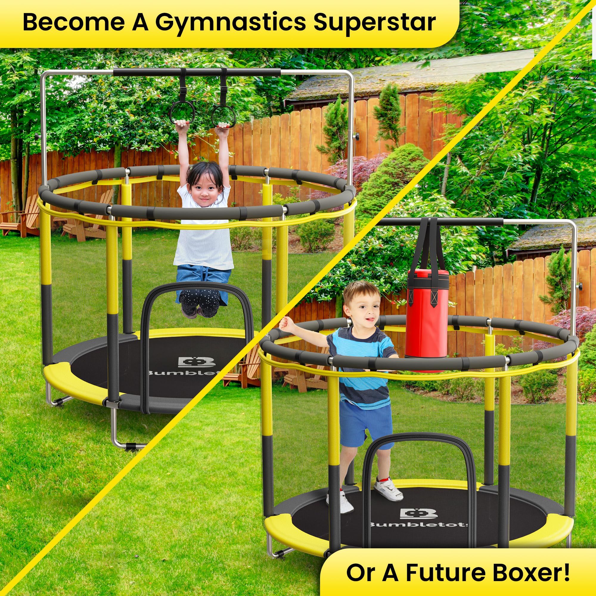 Best 5ft Toddler Trampoline for Kids Ages 3-8 - Indoor/Outdoor Jumping Toy with Safety Net, Basketball Hoop & Accessories - Perfect for Backyard, Playroom & Garden Fun