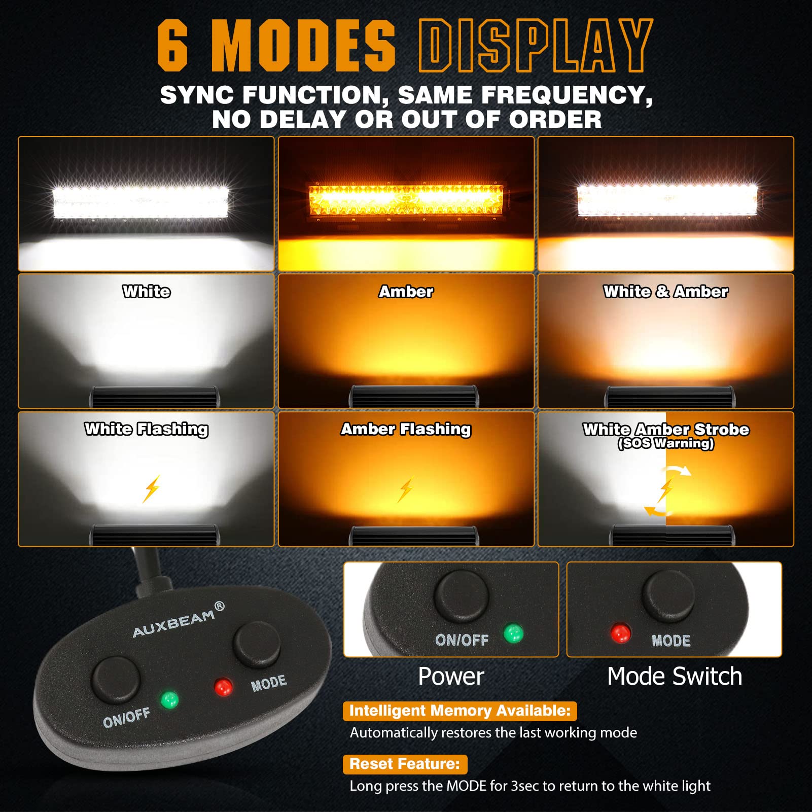Auxbeam 12 Inch 300W LED Light Bar - Amber & White Strobe with 6 Flashing Modes | Offroad, Emergency, Fog Light for Trucks, Cars, ATVs, Jeeps, Boats | Perfect for Off-Roading, Emergency Signaling, and Nighttime Visibility