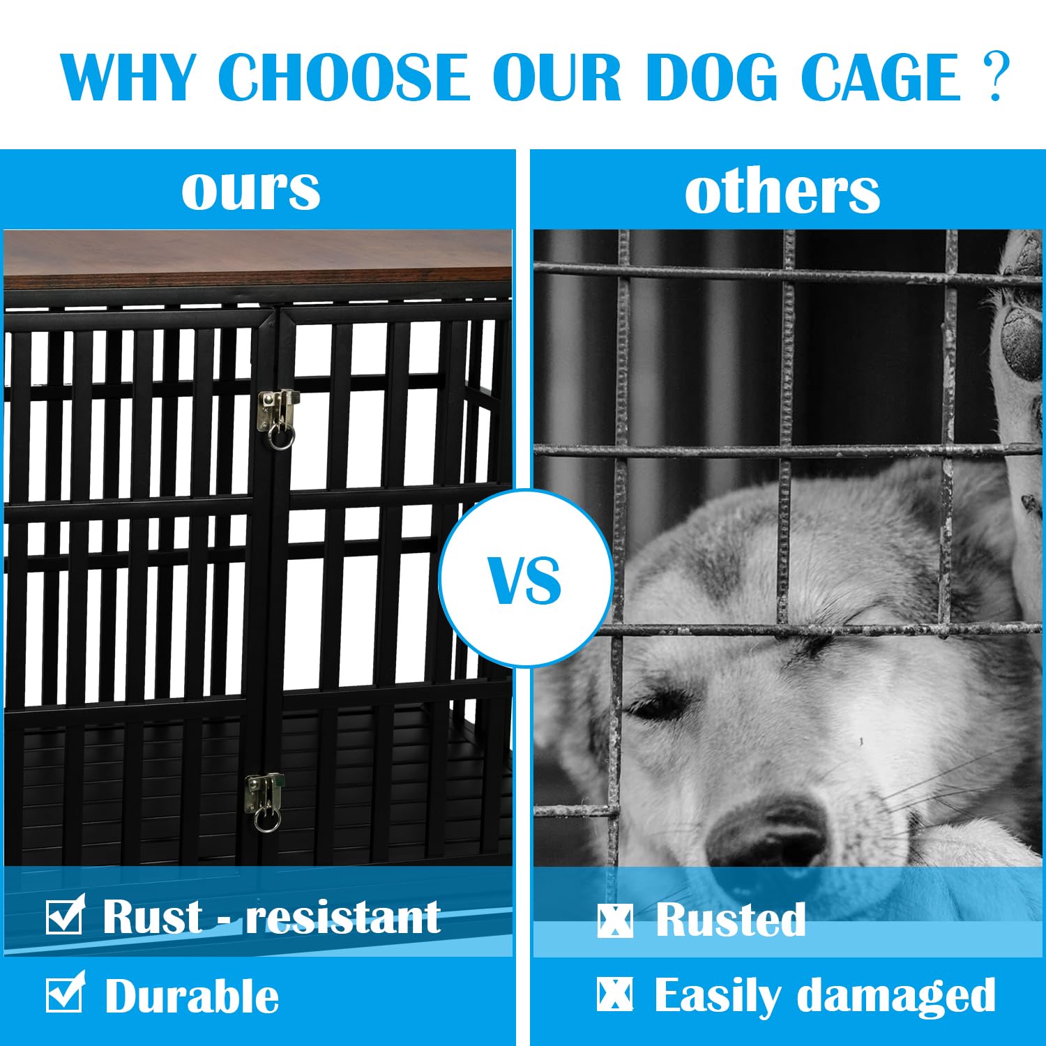 42'' Heavy Duty Rustic Wooden Dog Crate Furniture - Escape Proof Kennel Cage for Medium & Large Dogs with Wheels & Removable Tray | Indoor Pet House, Decorative End Table | Perfect for Living Rooms, Bedrooms & Home Offices