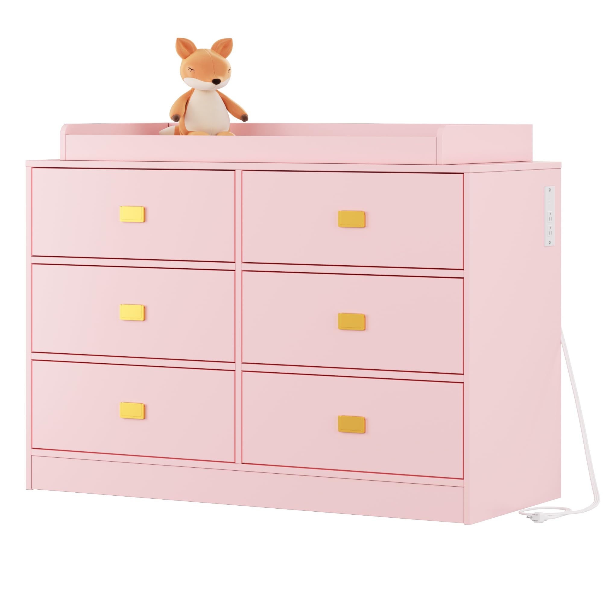 6-Drawer Nursery Dresser with Changing Table Top - Pink Baby Storage Organizer with Power Outlets & Removable Top | Perfect for Infant Bedrooms & Nursery Organization