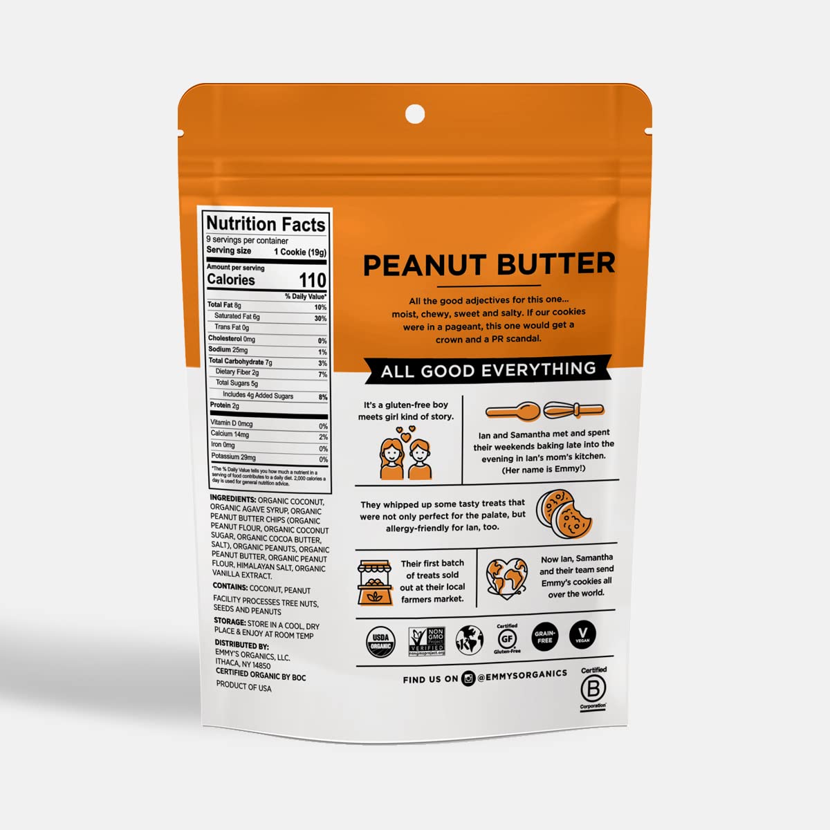 Organic Peanut Butter Coconut Cookies by Emmy's - Gluten Free, Vegan, Non-GMO Snacks - 6 oz Pack of 8 - Perfect for Healthy Breakfast, Office Snacks & Gift Baskets