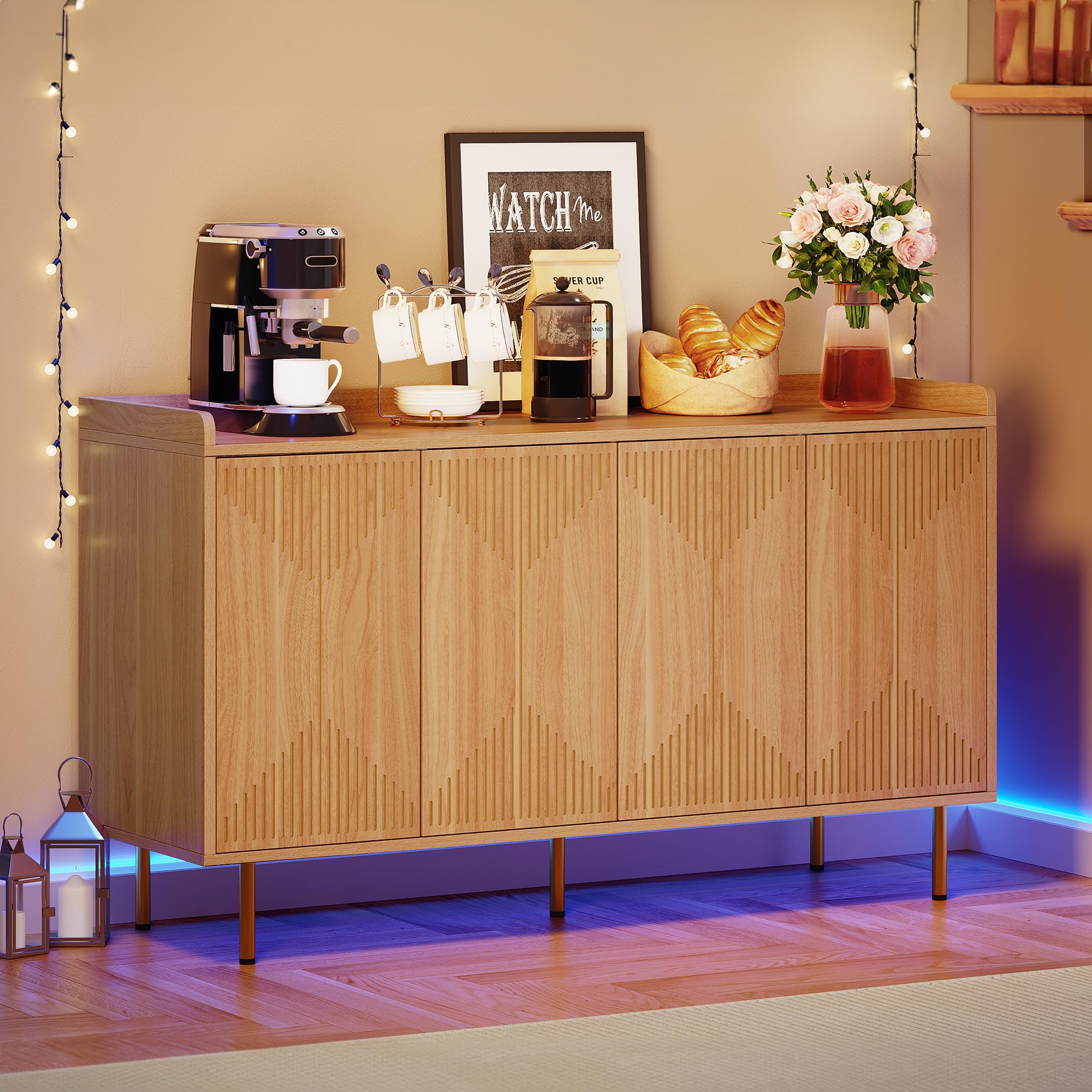 YITAHOME Modern Sideboard Buffet Cabinet - Kitchen Storage & Coffee Bar Table with Carved Doors for Living Room & Dining Room - Natural Wood Freestanding Cabinet for Home Decor & Entertaining