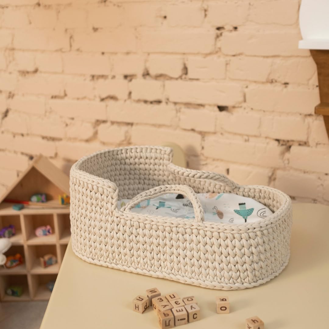 Boho Doll Crib with Rocking Stand - White Doll Bassinet with Bedding Set | Baby Doll Cradle for Pretend Play | Perfect Birthday Gift for Girls | Nursery Decor & Imaginative Play Scenes
