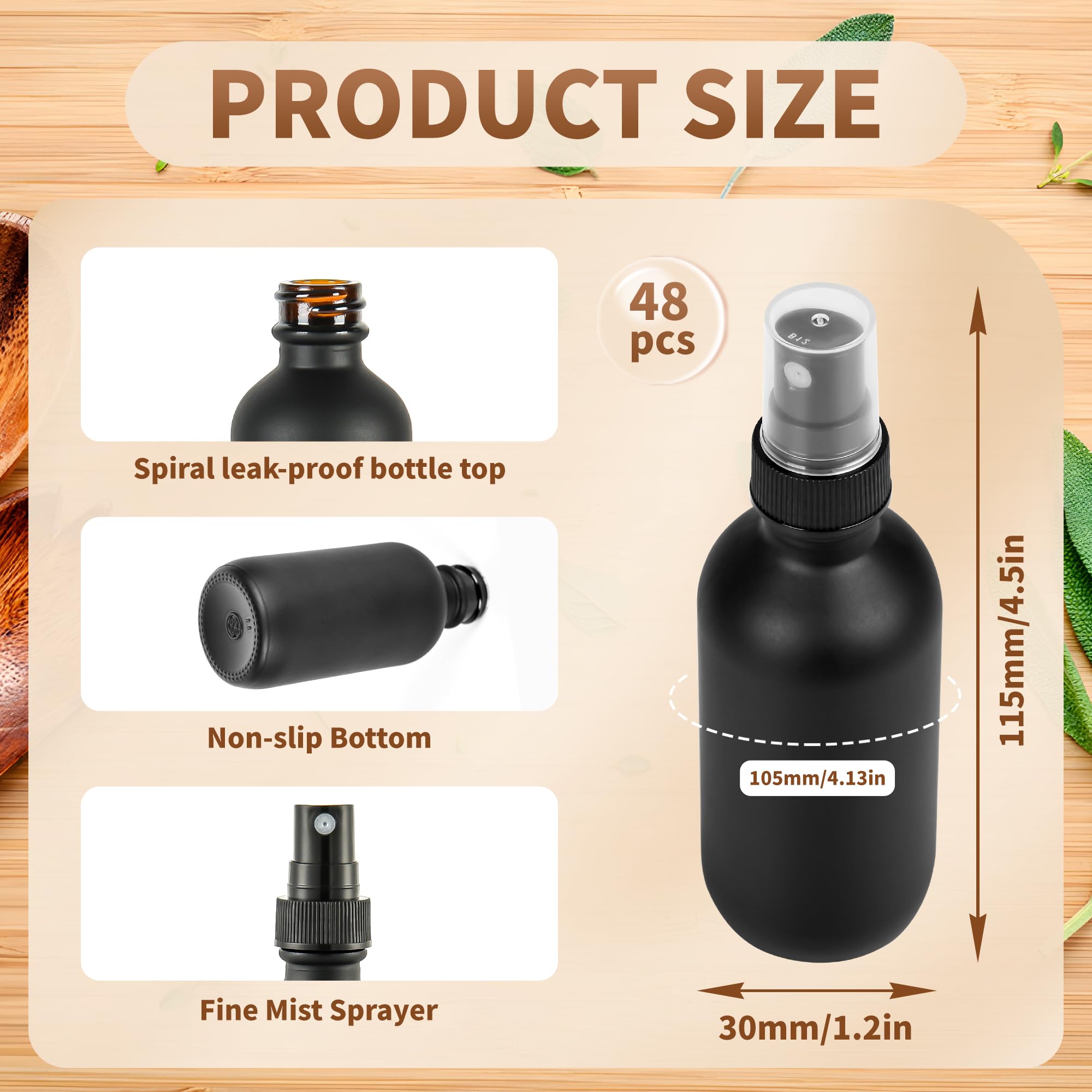 48 Pack 2oz Black Frosted Glass Boston Round Bottles with Fine Mist Sprayer - Leakproof Travel Essential Oil Containers for Bath, Beauty, Hair Care & Cleaning - Perfect for DIY, Travel & Home Organization