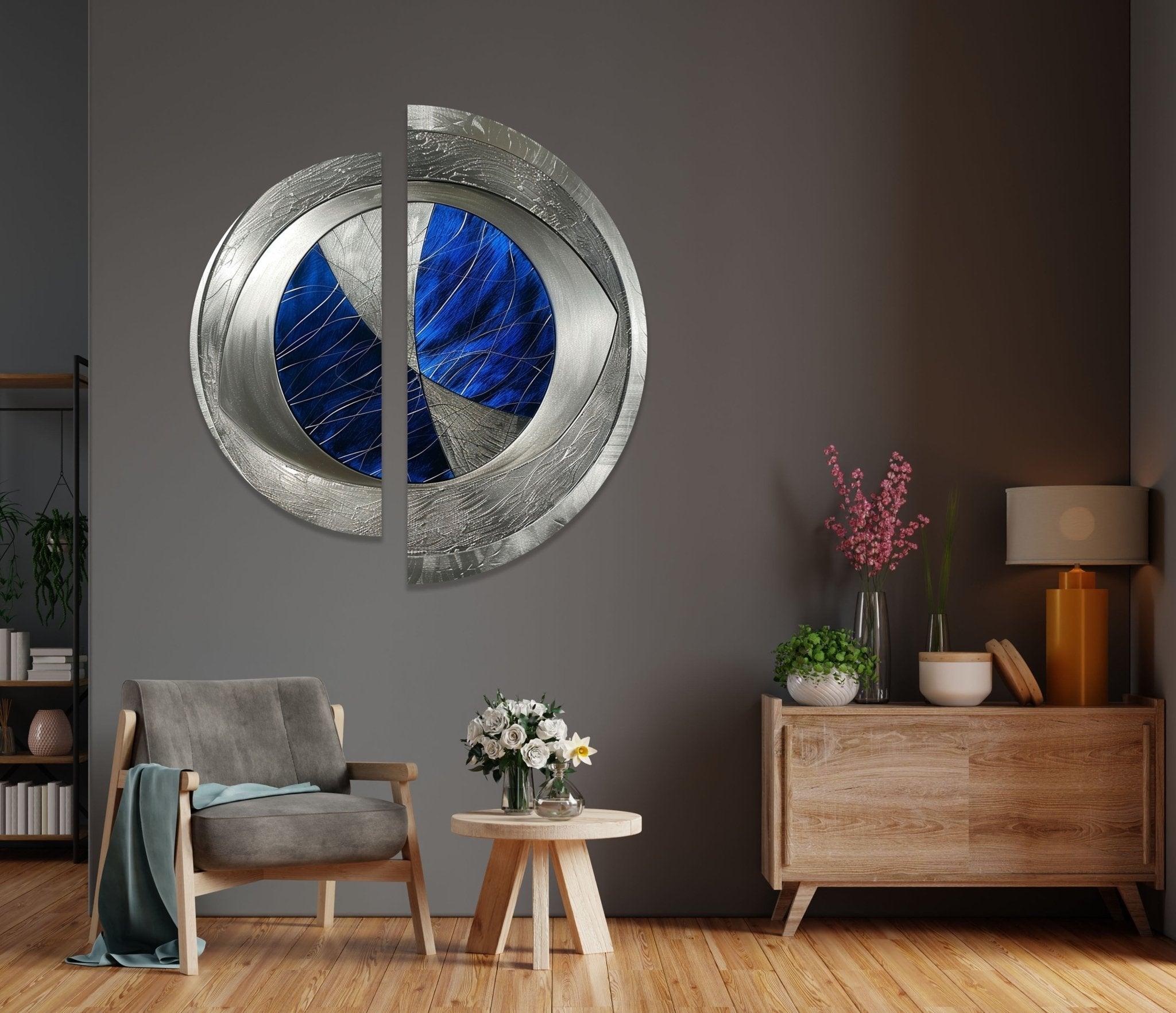 2 Piece Abstract Silver Blue Glass Wall Art Set - Modern Home Decor for Living Room, Bedroom, Office | Handmade Glass Wall Hangings for Unique Interior Design
