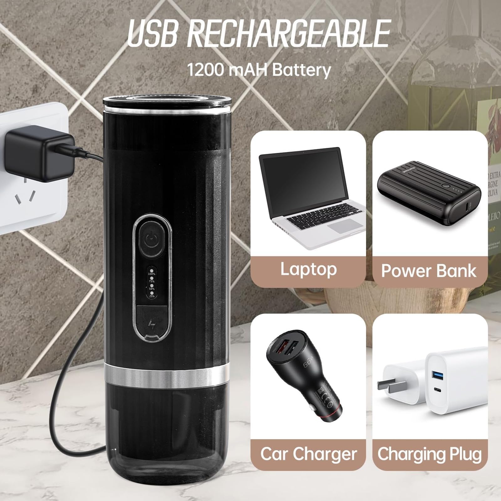 Portable Electric Espresso Coffee Maker - USB Rechargeable, Compatible with Coffee Capsules & Ground Coffee, Fast Heating - Perfect for Travel, Camping, Office & Home Use