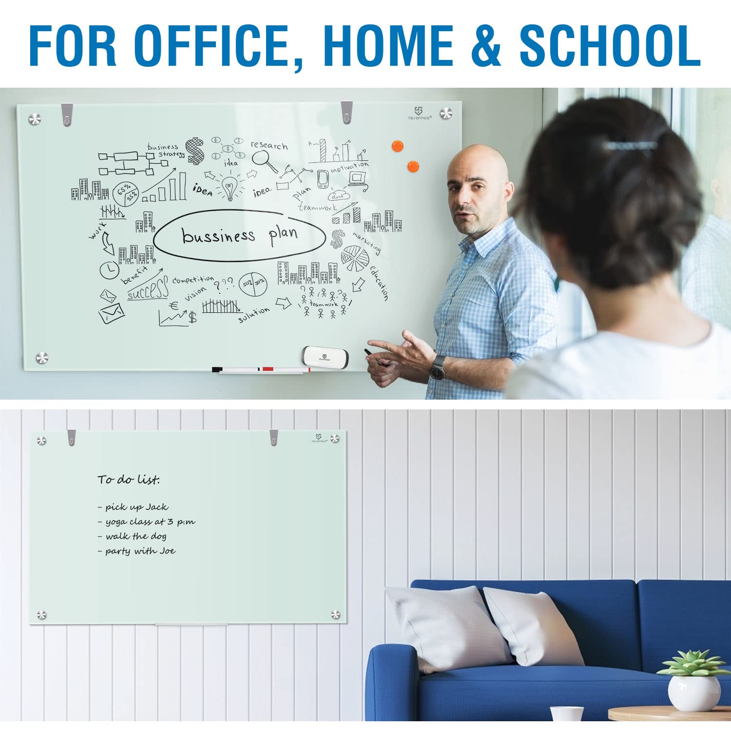 TSJ OFFICE 48x32 Inch Glass Dry-Erase Board - Magnetic Wall Mounted Whiteboard for Office, Home & School - Frameless Glass Writing Surface for Meetings, Presentations & Home Organization